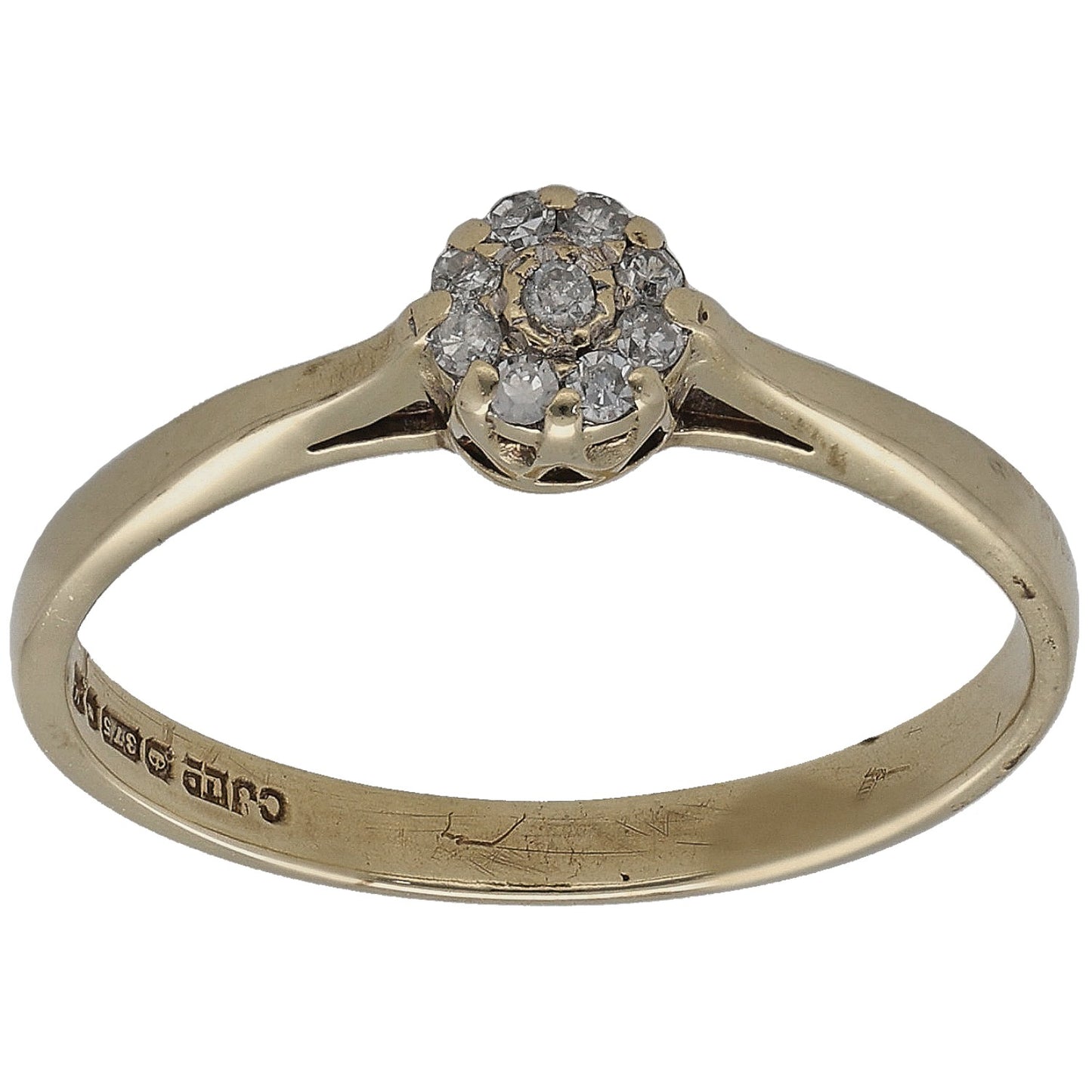 9ct gold round diamond cluster ring, raised center with prong-set stones