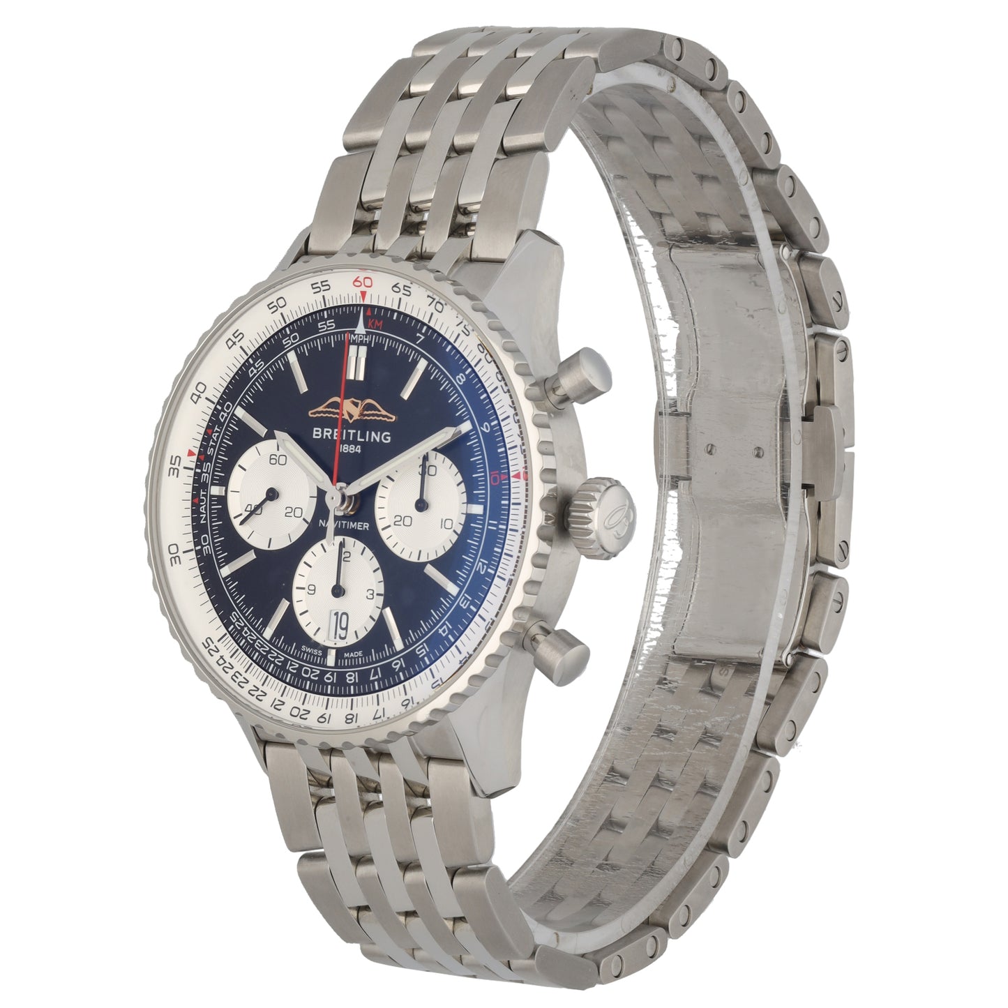 Breitling Navitimer B01 AB0138 Stainless steel watch in profile view with dark blue dial and chronograph pushers