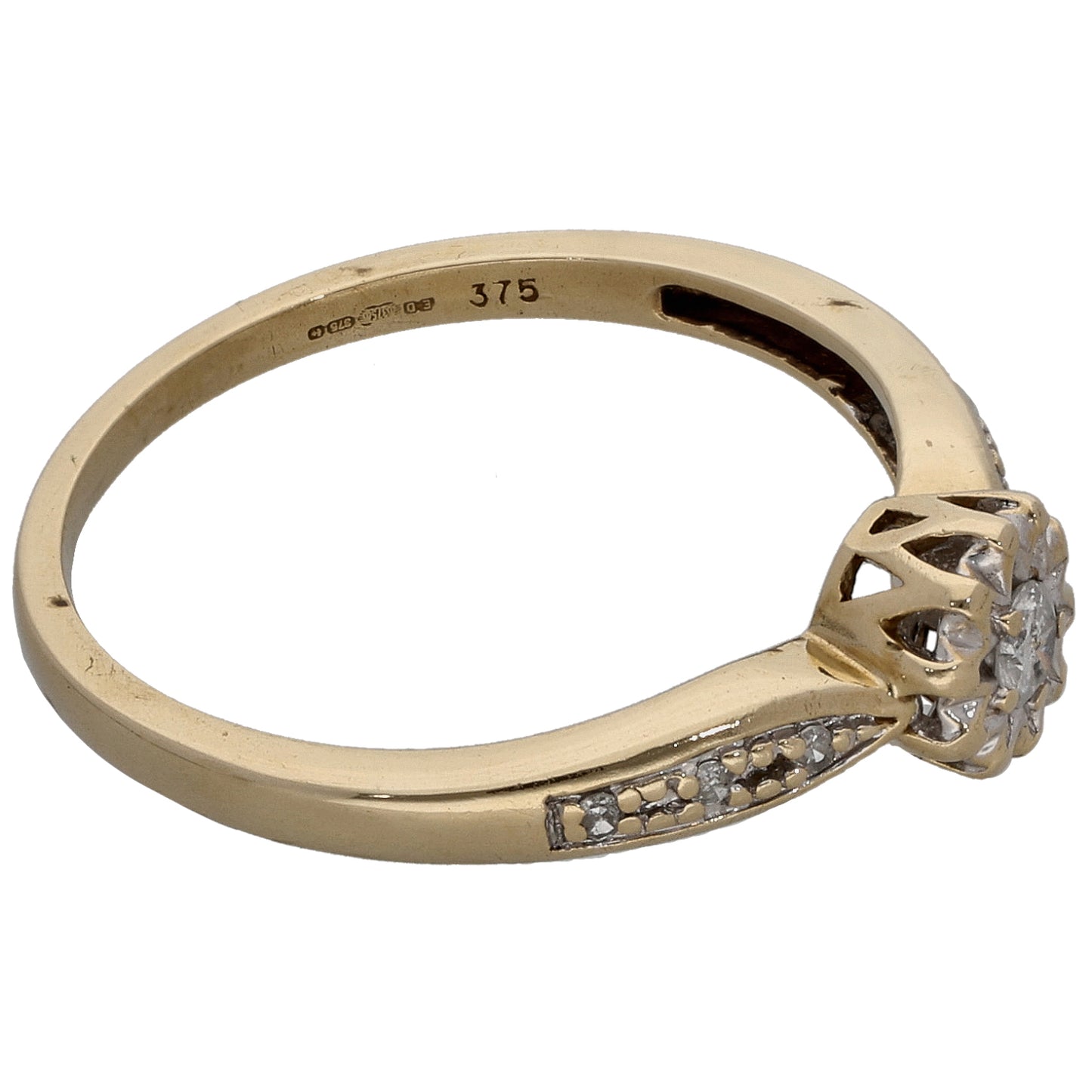 9ct Gold 0.10ct Diamond Solitaire Ring With Accent Stones Size O