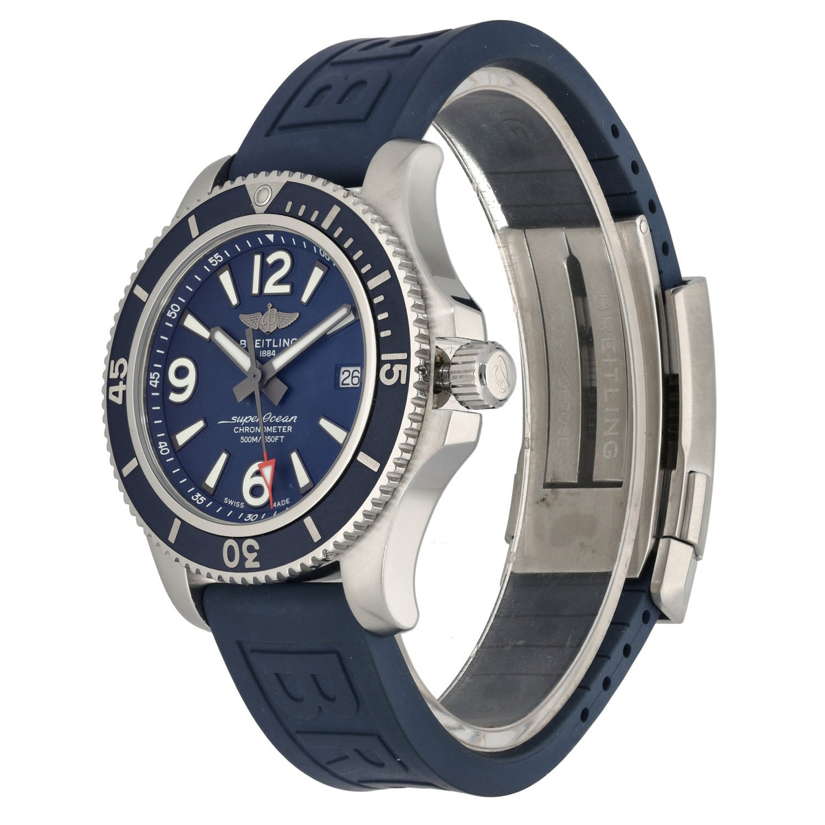 Breitling Superocean Automatic 42 A17366, with blue rubber bracelet and blue dial inside a stainless steel case, front angle image