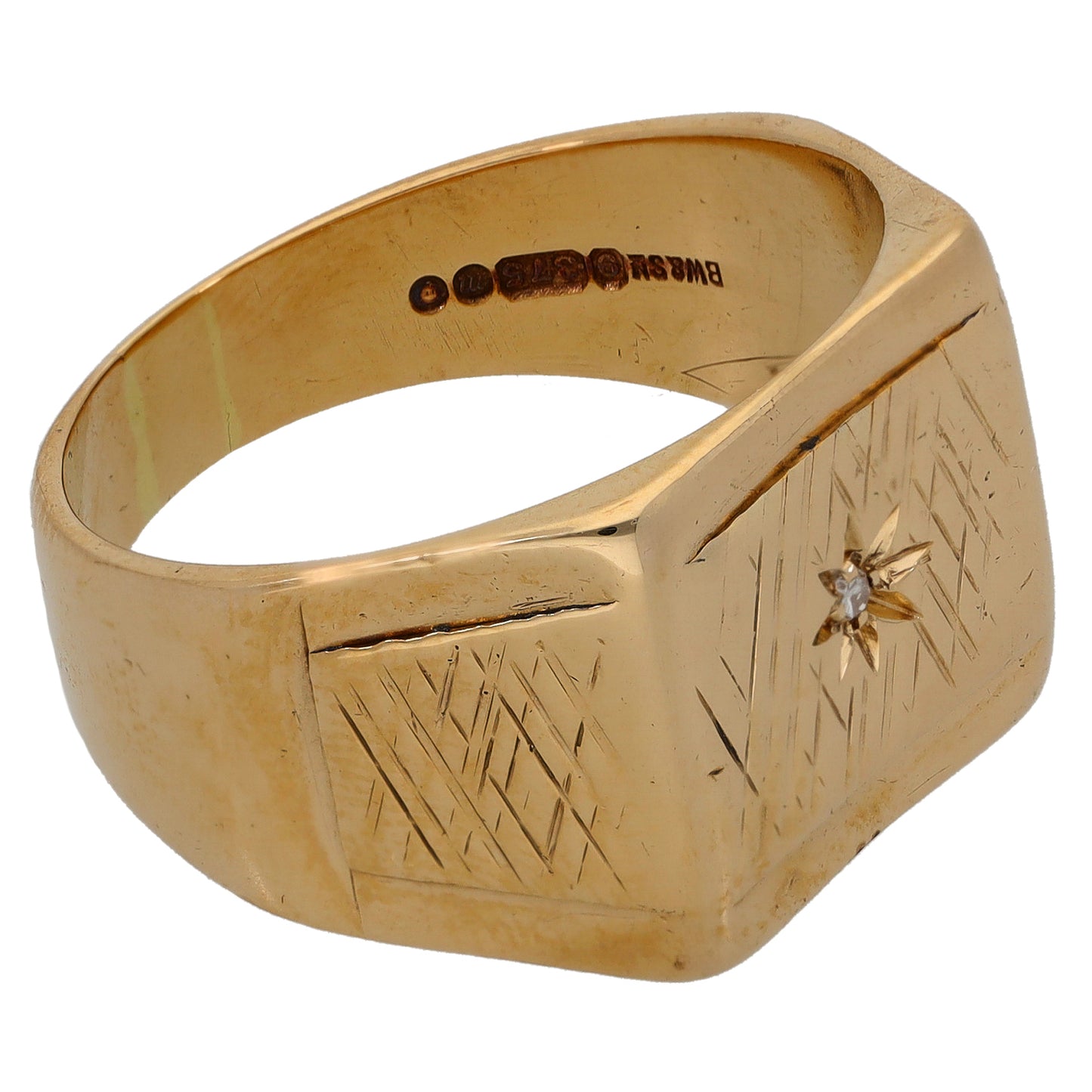 9ct gold signet ring side view, patterned face with round diamond