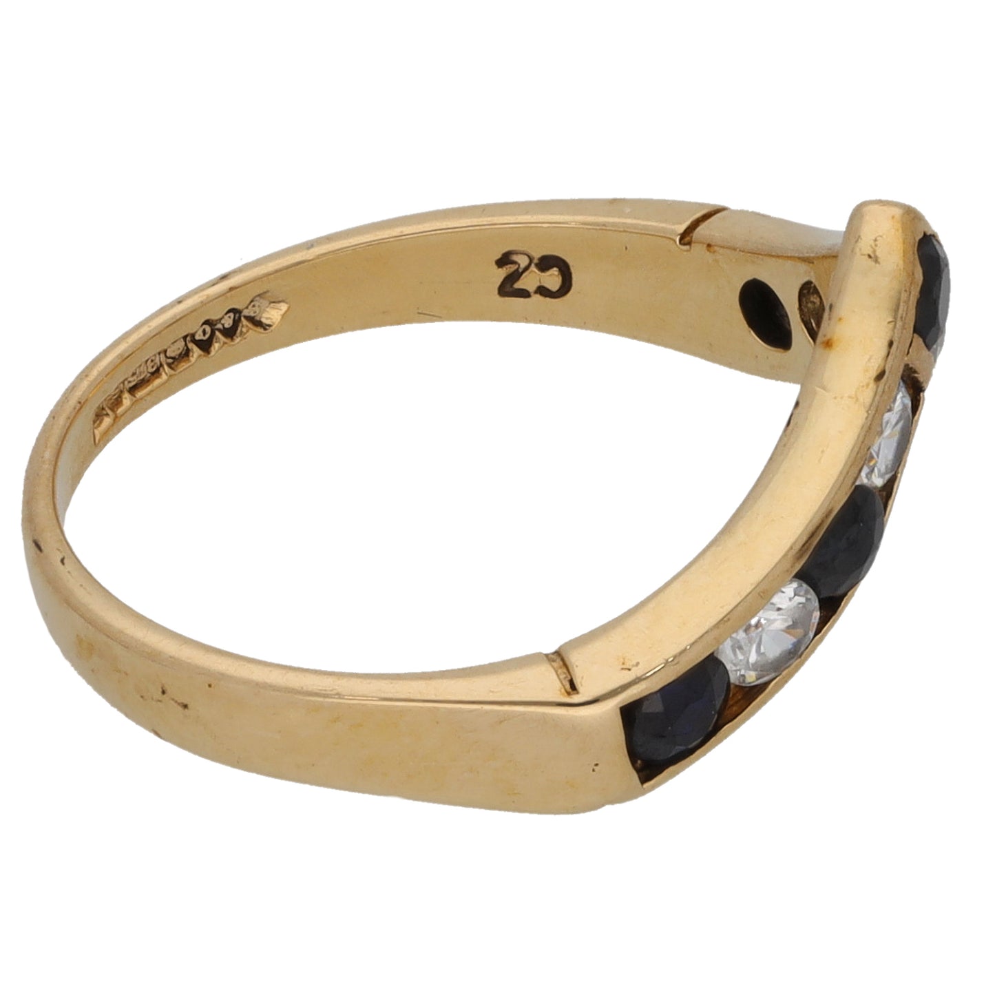 9ct Gold Sapphire & Cubic Zirconia Wishbone Ring Size K