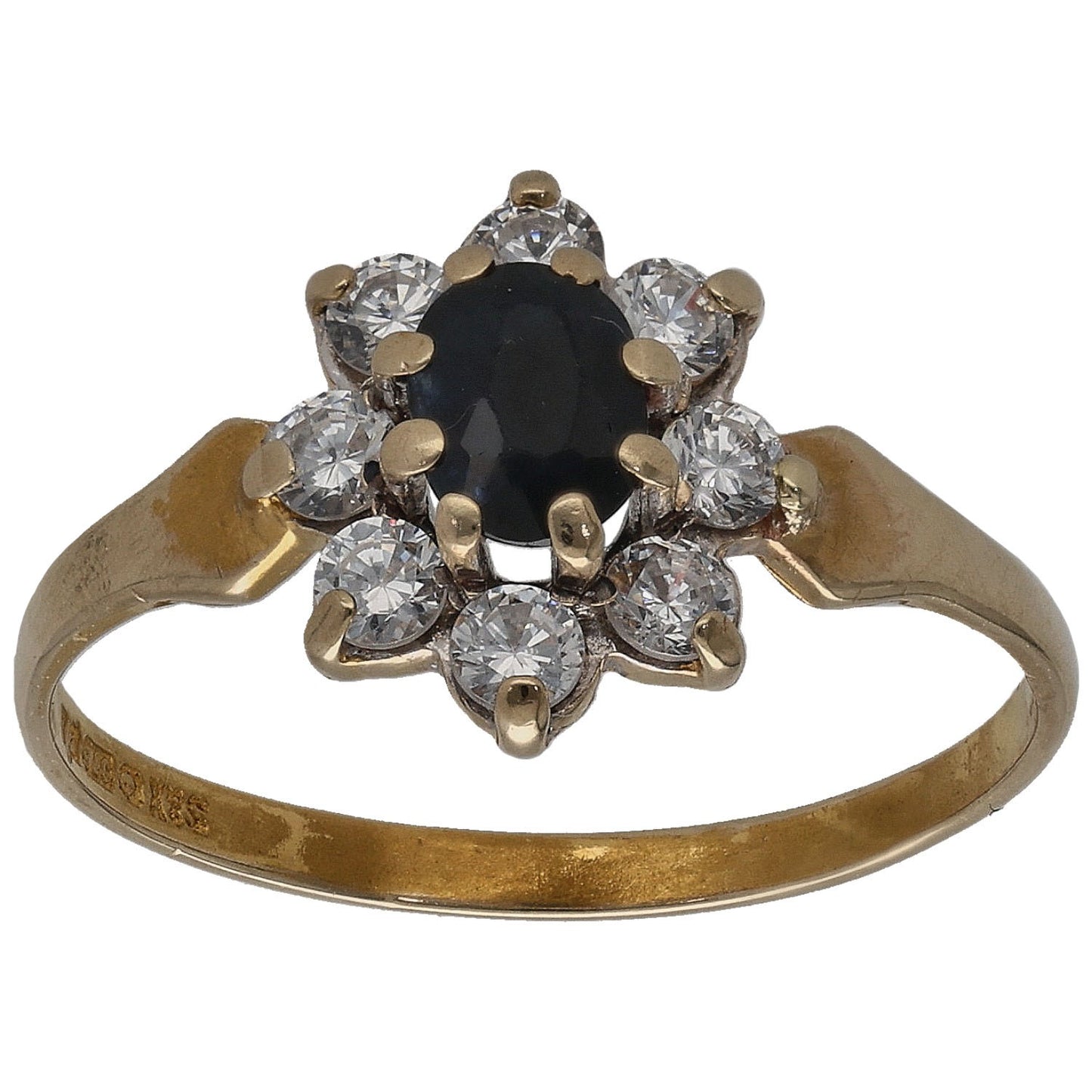 9ct Gold Sapphire & Cubic Zirconia Single Stone Ring With Accents Size L