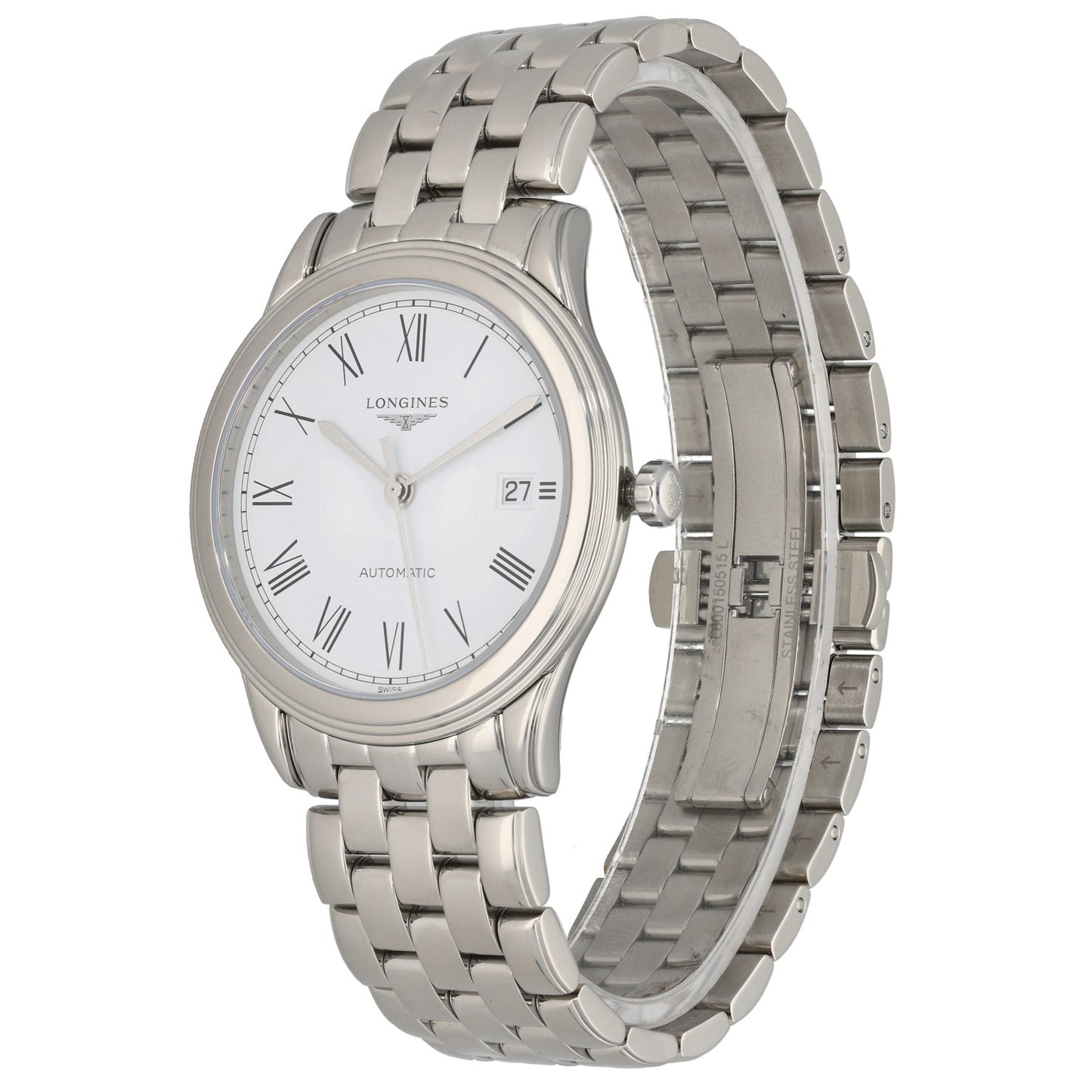 Longines Flagship L4.974.4 with white dial and black roman numberal hour markers, inside a 38.5mm stainless steel case, front 3/4 angle