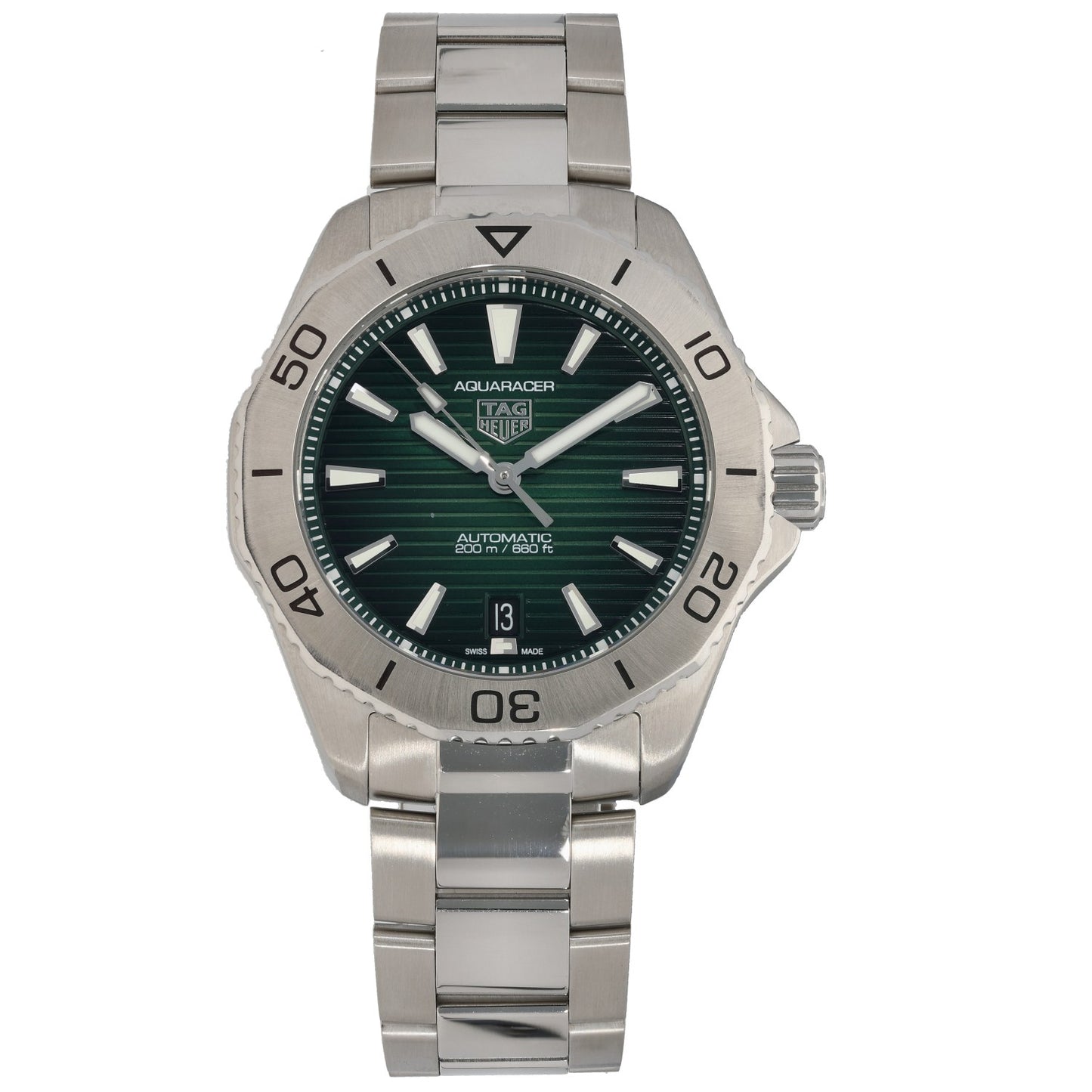 Tag Heuer Aquaracer WBP2115 Stainless steel diver watch with teal dial and black bezel, metal bracelet