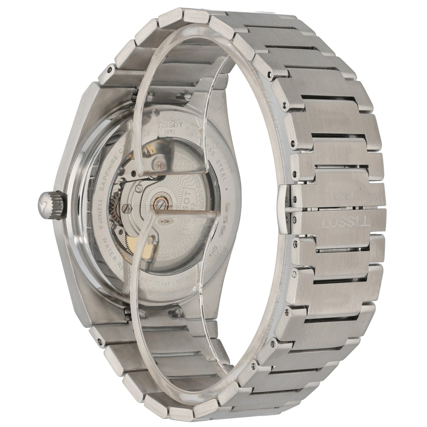 Tissot PRX T137407A, sleek stainless steel watch with open caseback