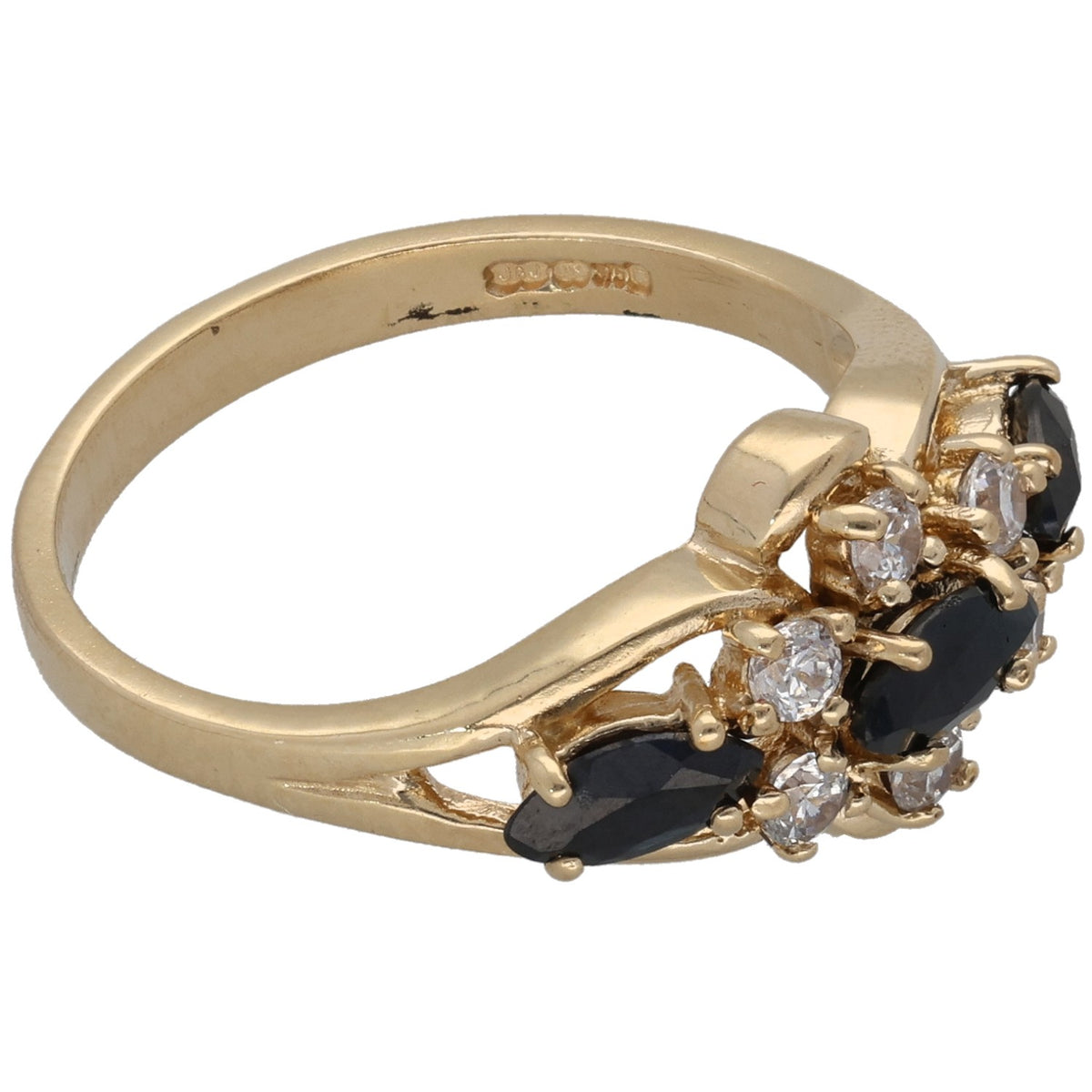 Gold ring side view with dark oval stones and multiple clear round CZ clusters
