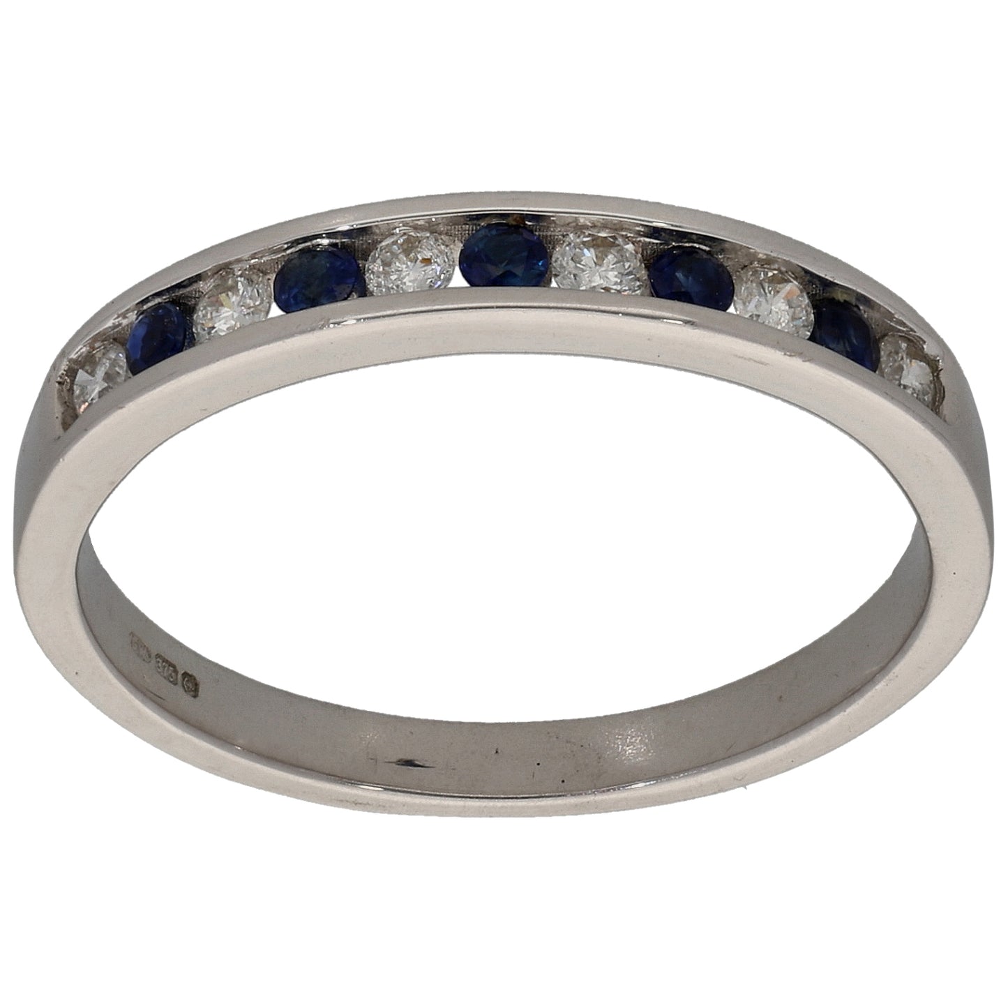 9ct White Gold Man Made Sapphire & 0.25ct Diamond Half Eternity Ring Size L