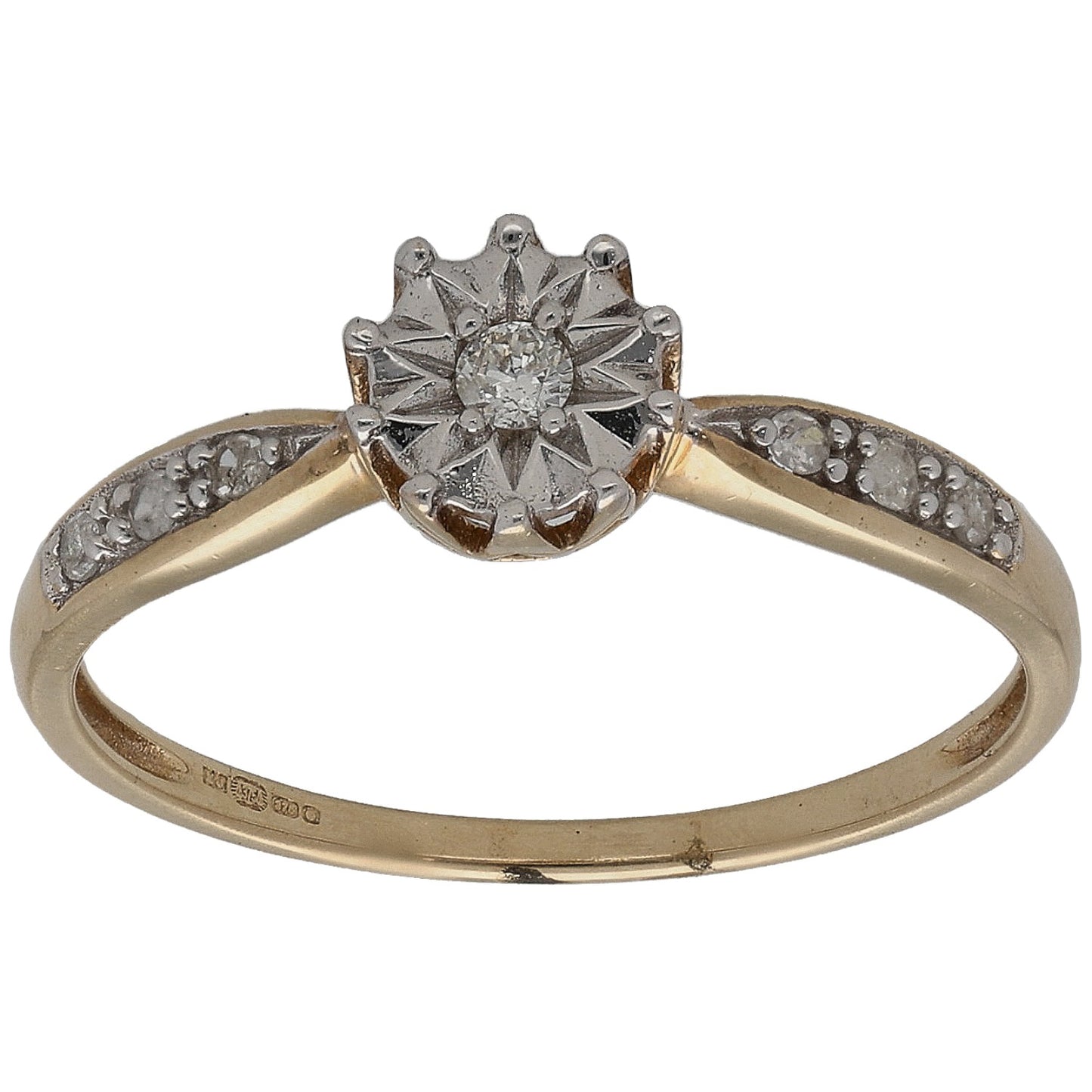 9ct gold round diamond solitaire ring with center round stone and pave side diamonds