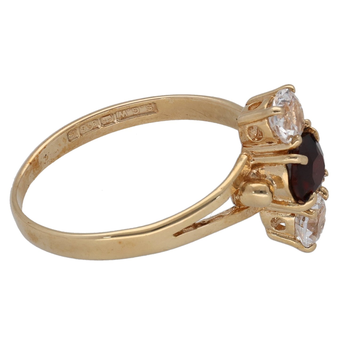 9ct Gold Garnet & Cubic Zirconia Trilogy Ring Size O