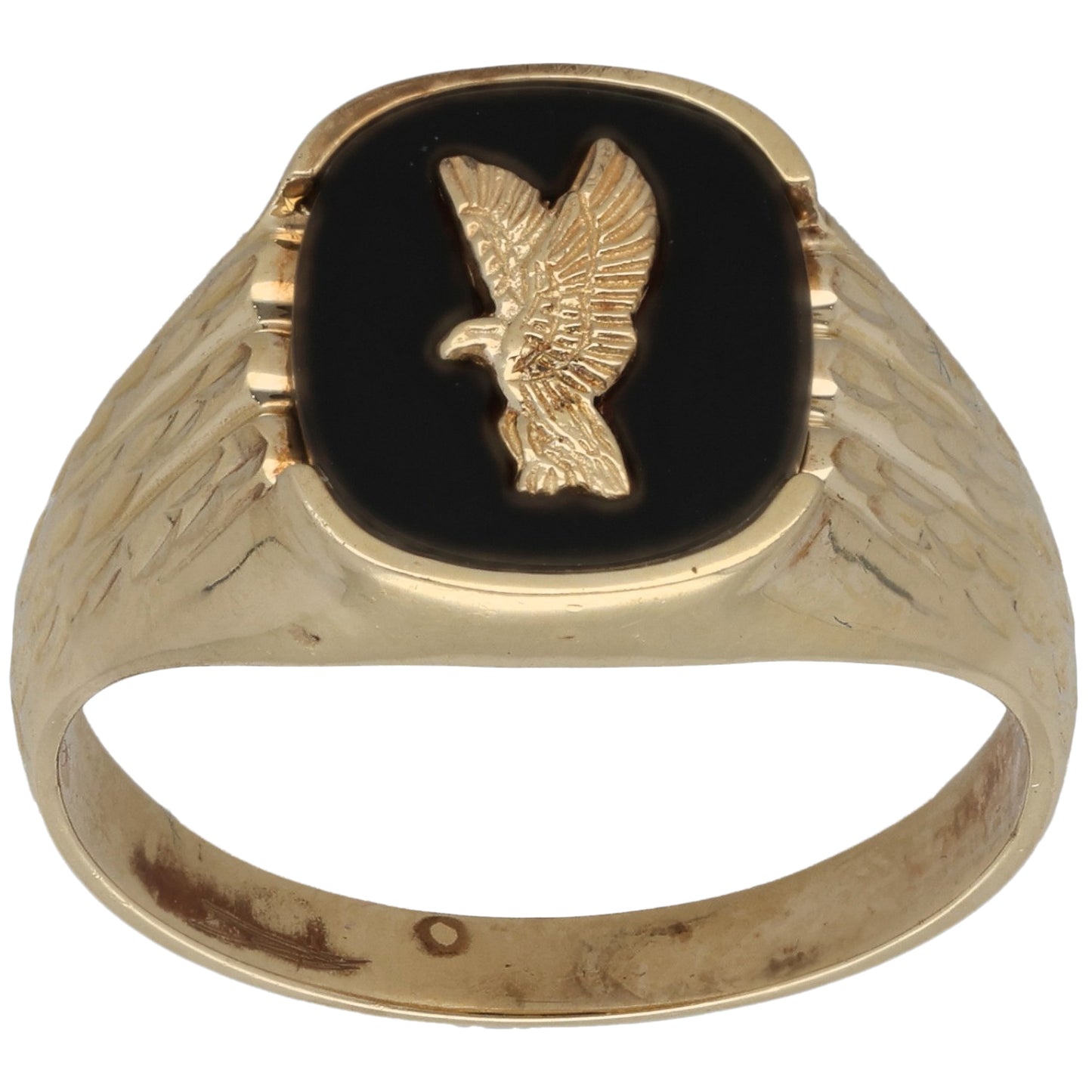 9ct Gold Onyx Single Stone Patterned Signet Ring Size R