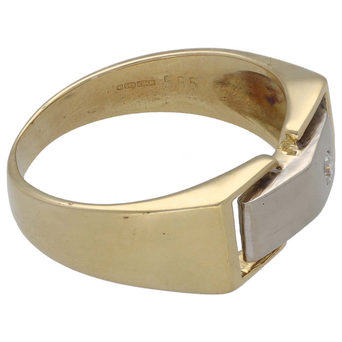 Gold-tone ring with square bezel setting on side and clear CZ accents