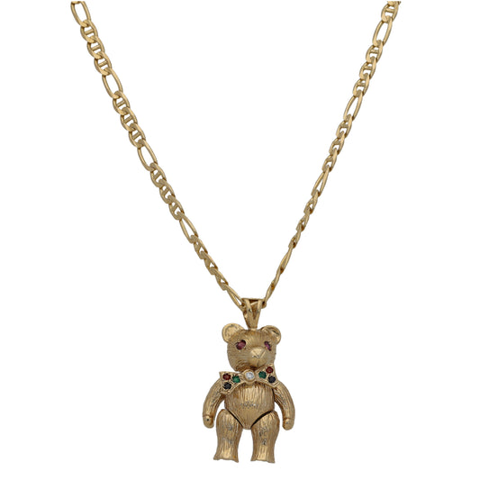 9ct Gold Imitation Gems Teddy Bear Pendant With Chain