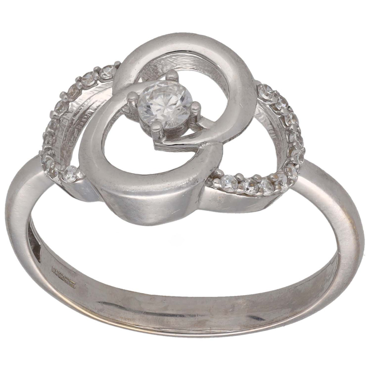 White gold-tone CZ cocktail ring with oval center stone and halo of small stones