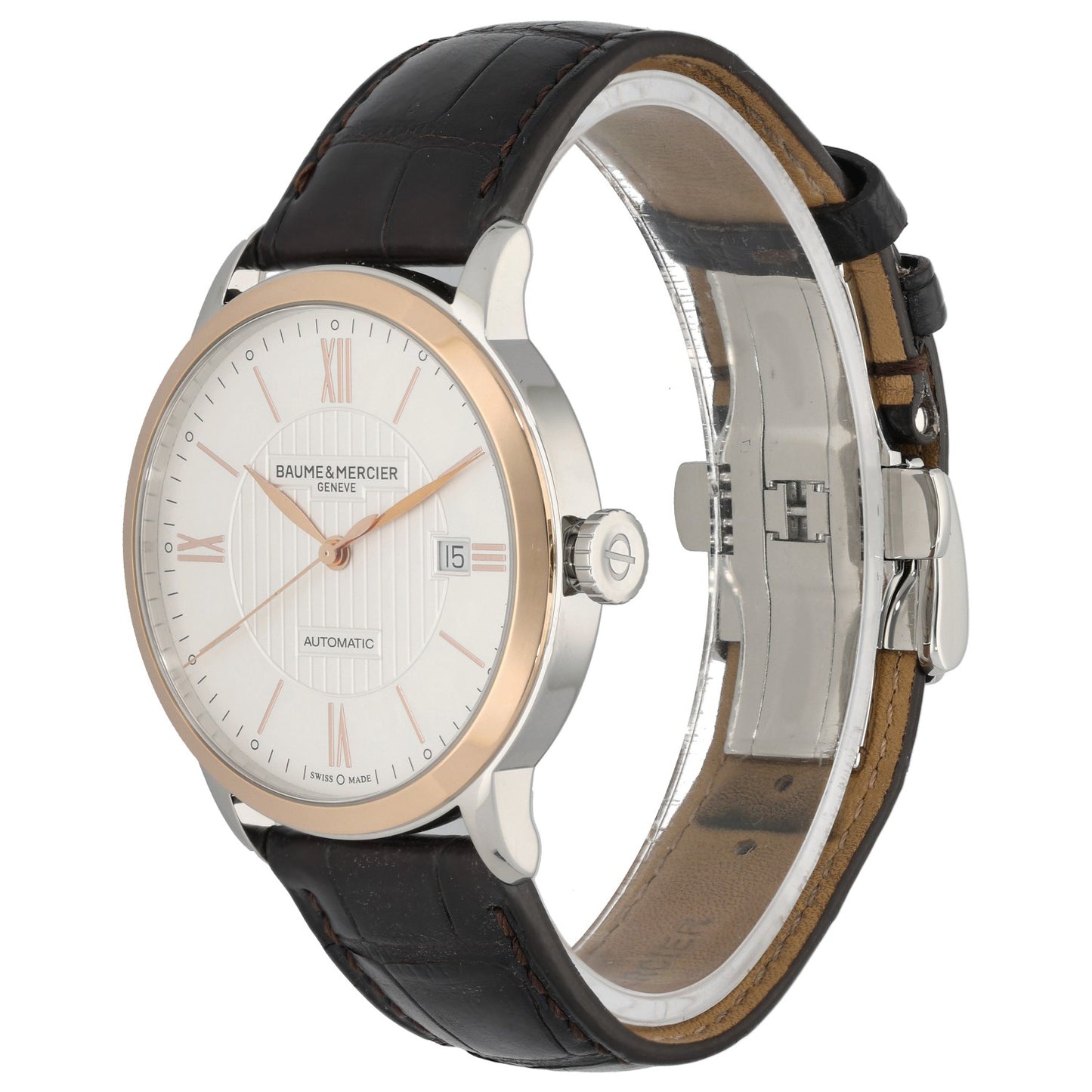 Baume Et Mercier Classimer 65782 Stainless steel wristwatch angled view, white dial, Roman numerals, black leather strap