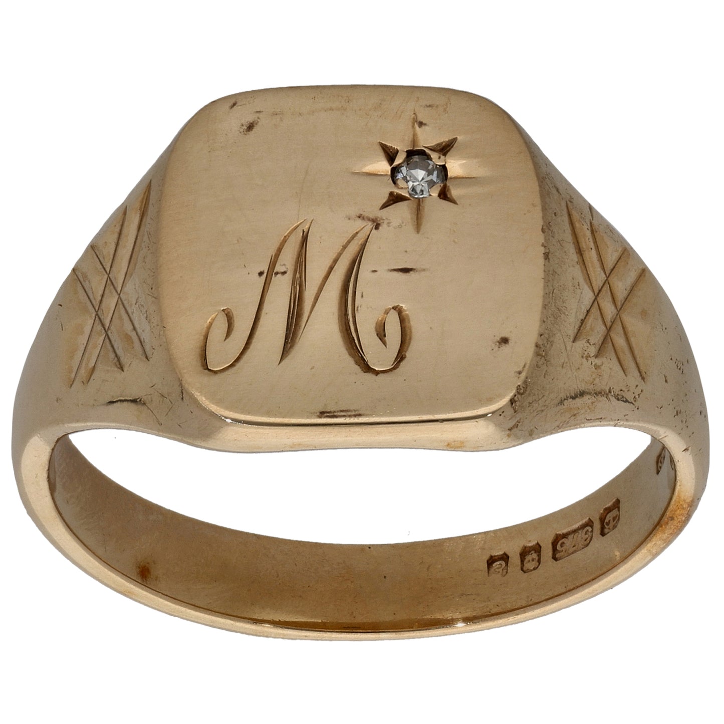 9ct Gold 0.01ct Diamond Patterned Signet Ring Size W