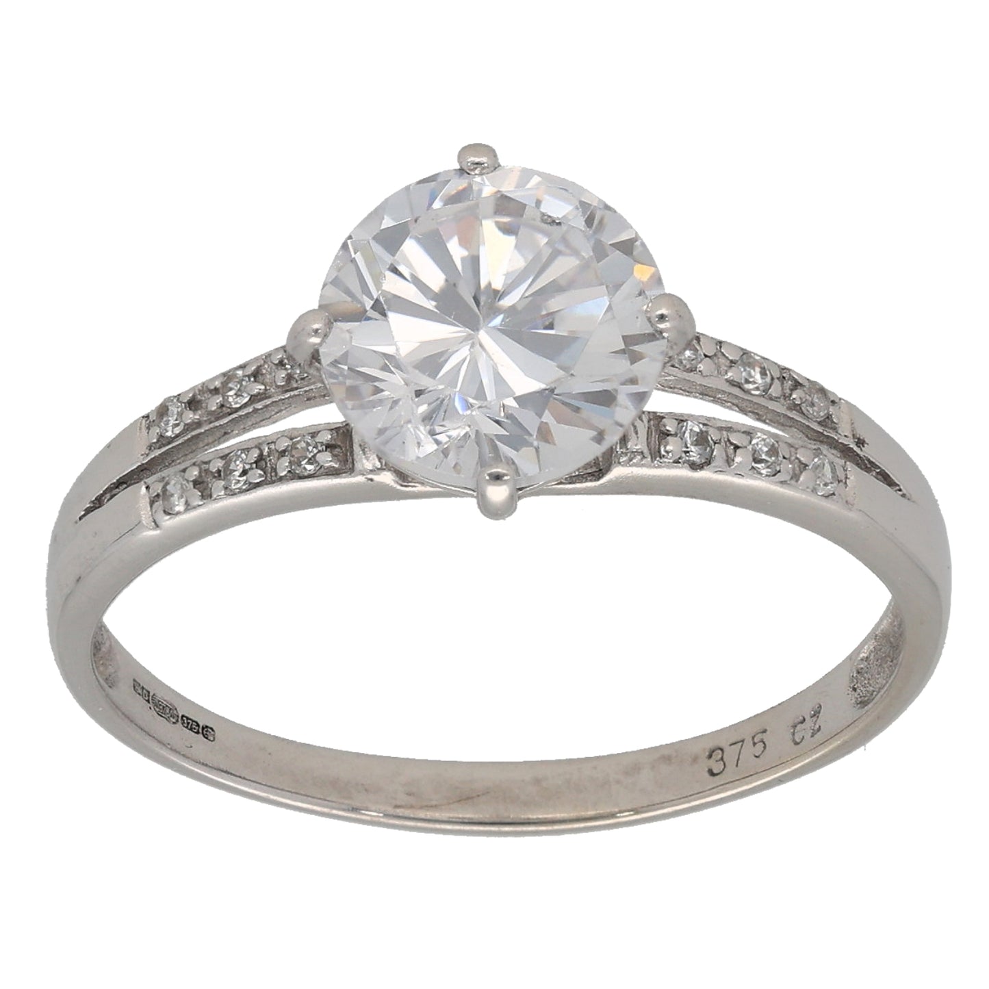 9ct White Gold Cubic Zirconia Single Stone Ring with Accent Stones Size S