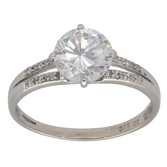 9ct White Gold Cubic Zirconia Single Stone Ring with Accent Stones Size S
