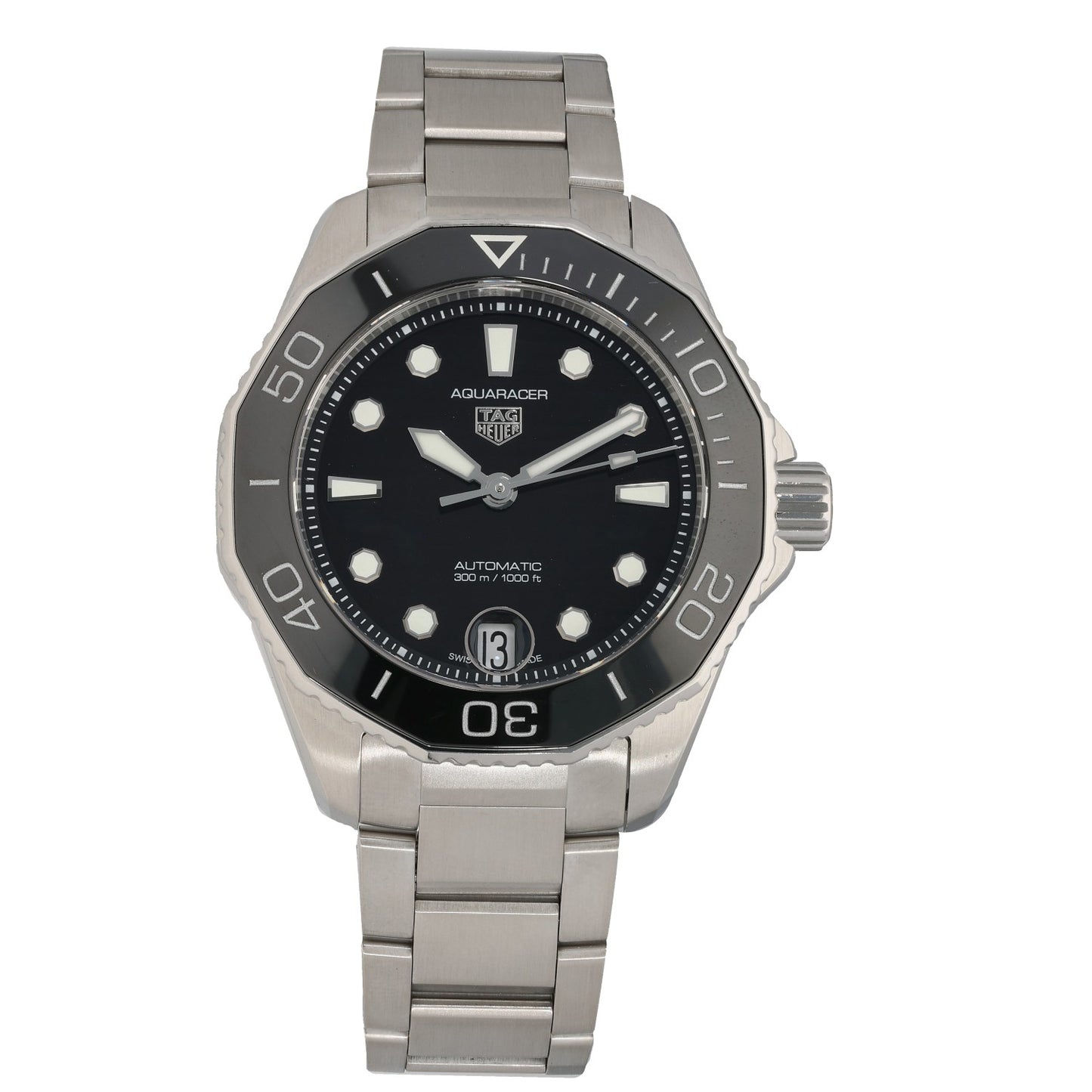 Stainless steel Tag Heuer Aquaracer WBP231D dive watch with black dial, date window, and rotating bezel