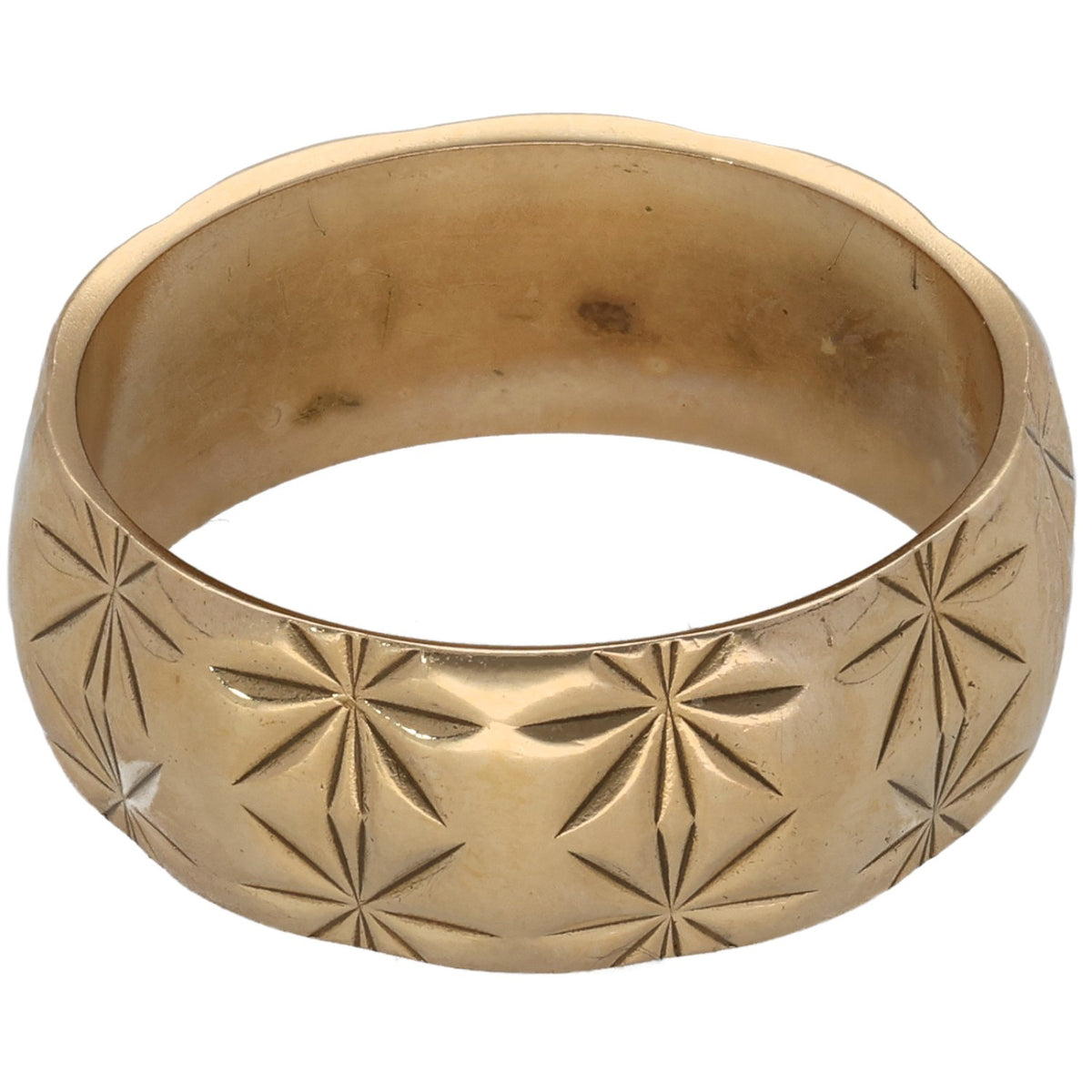 9ct gold patterned wedding ring with floral starburst texture, polished interior