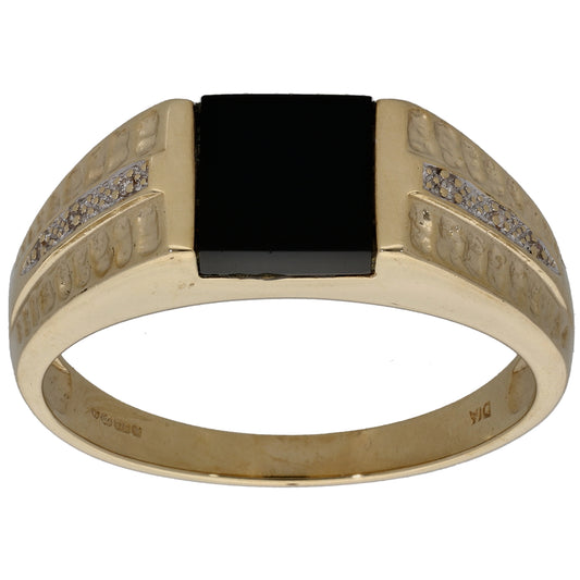 9ct Gold Onyx & 0.01ct Diamond Patterned Signet Ring Size Z+7
