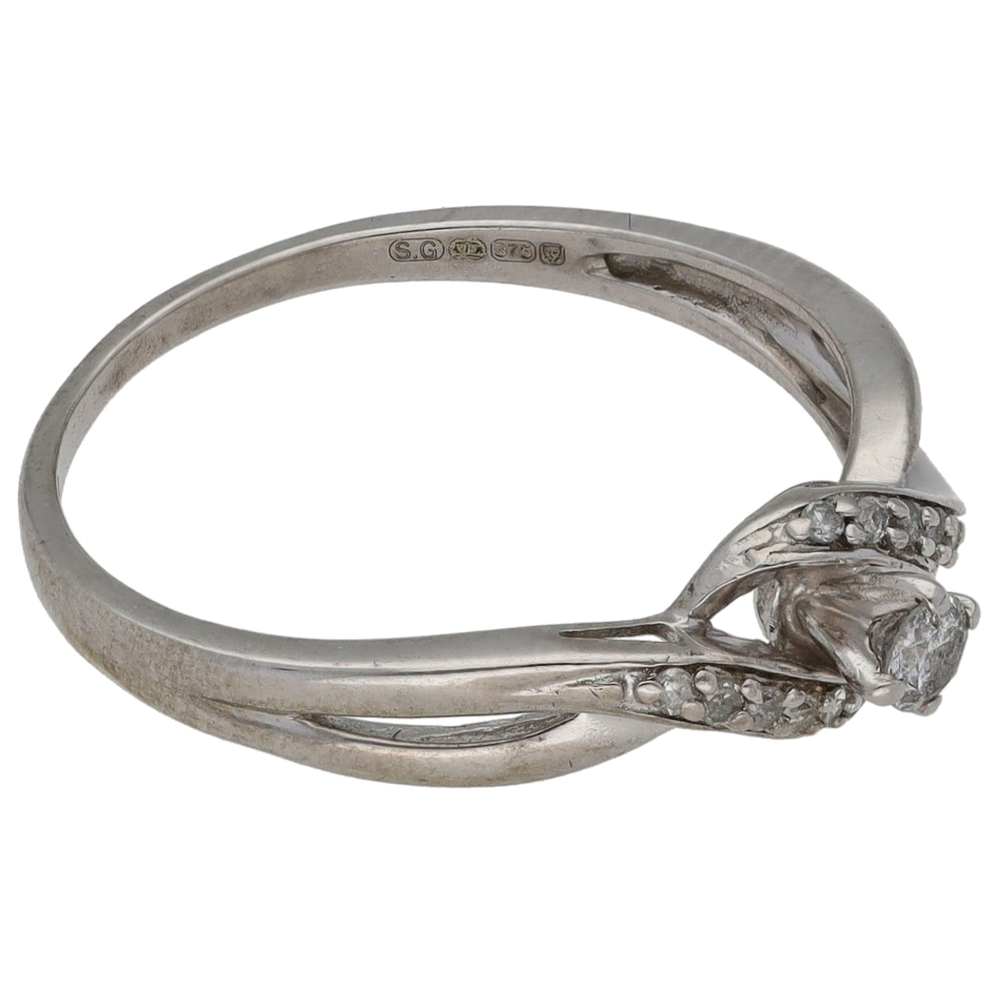 9ct White Gold 0.12ct Diamond Solitaire Ring With Accent Stones Size M