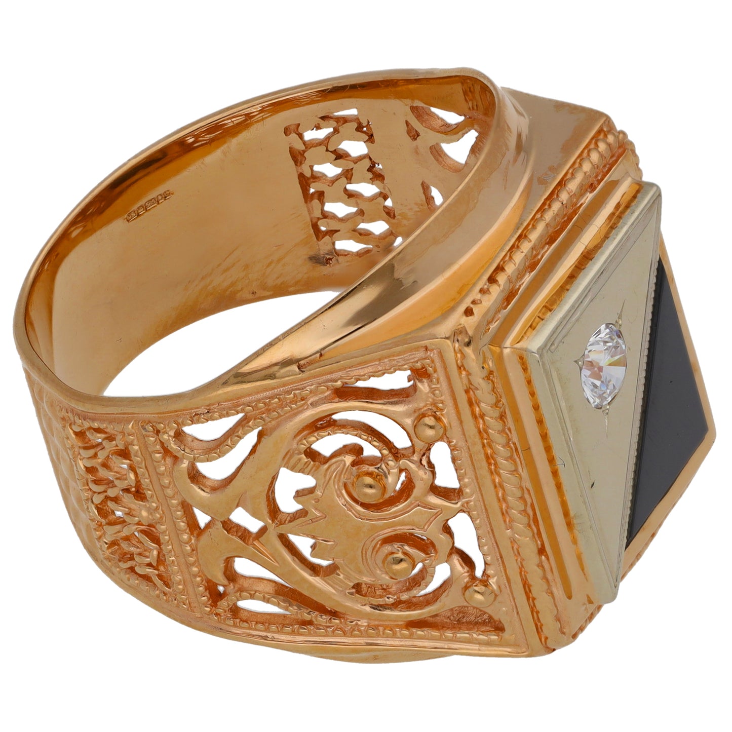 14ct Gold Onyx & Cubic Zirconia Patterned Signet Ring Size Y
