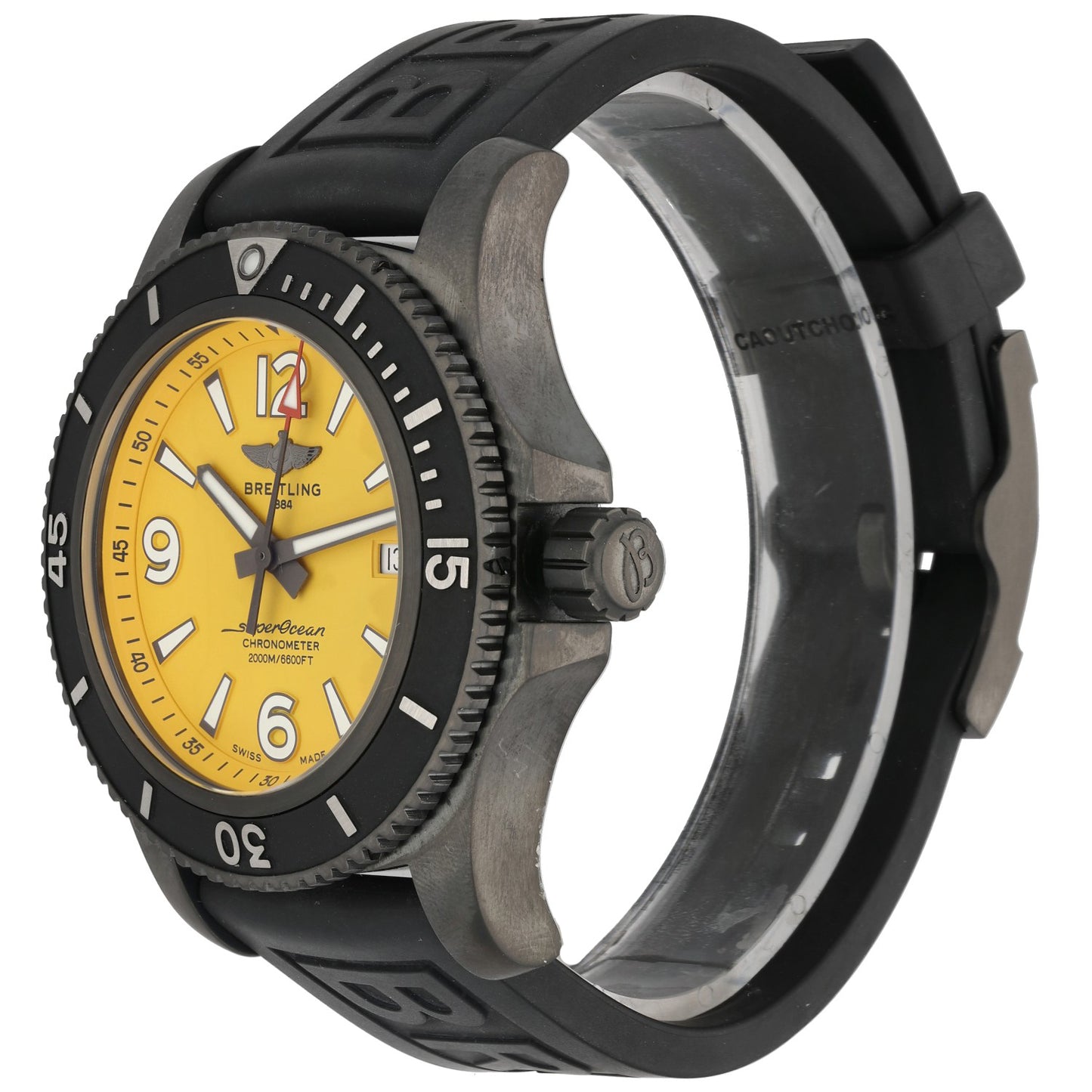 Breitling Superocean M17368 Diver watch side view with black rubber strap and bezel, stainless case edge