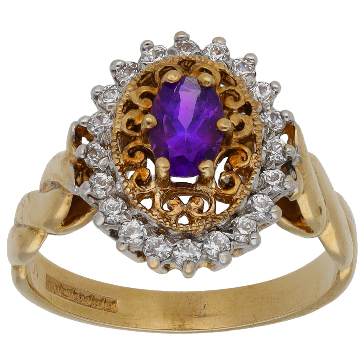 9ct Gold Amethyst & Cubic Zirconia Dress/Cocktail Ring Size M