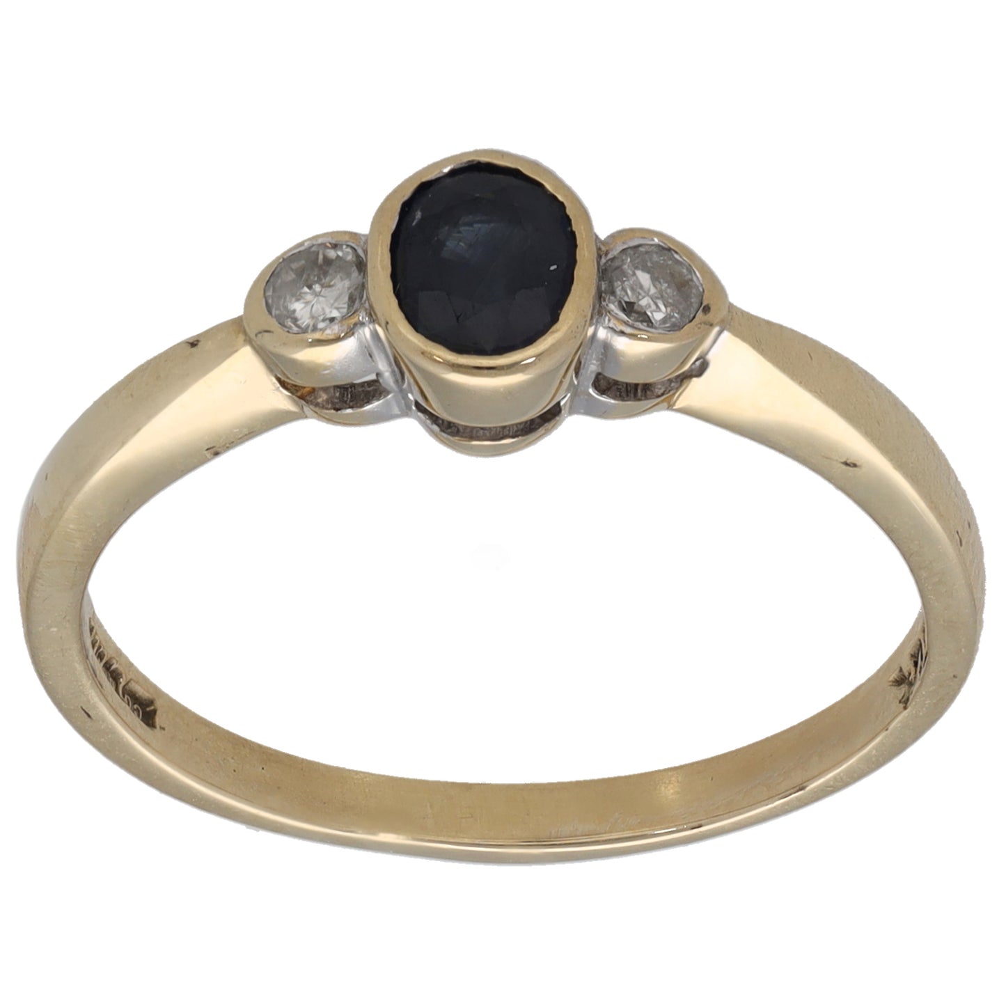 9ct Gold Sapphire & 0.10ct Diamond Three Stone Ring Size O