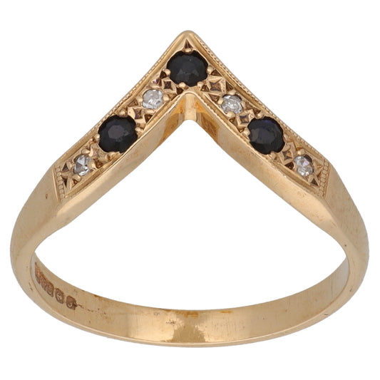 9ct Gold 0.04ct Diamond & Sapphire Wishbone Ring Size N