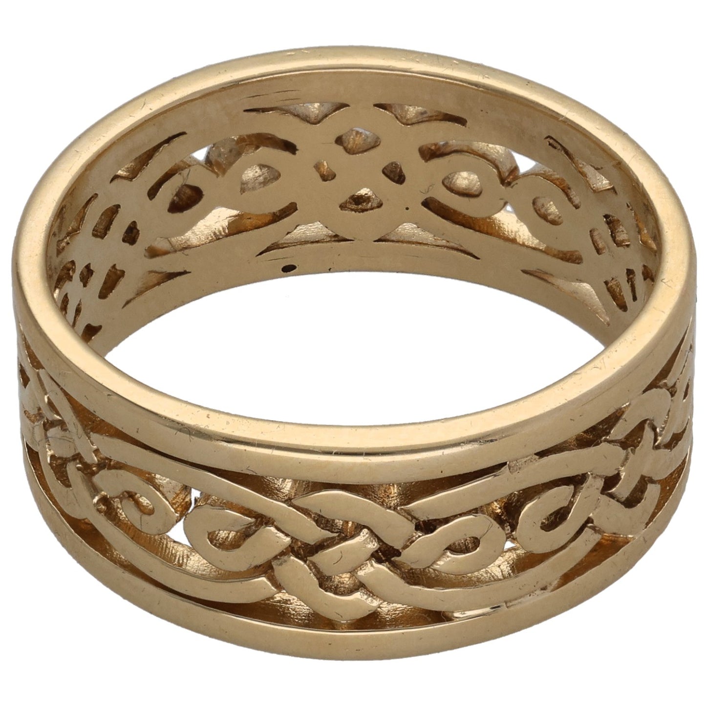 9ct gold wedding ring with continuous engraved pattern and cutout detailing