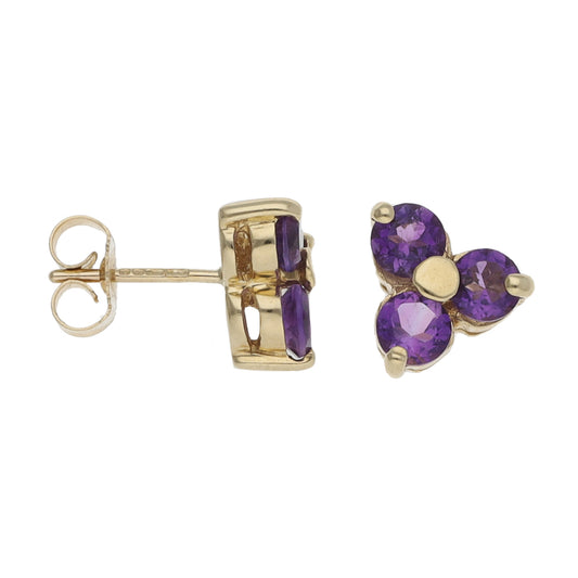9ct Gold Amethyst Three Stone Earrings