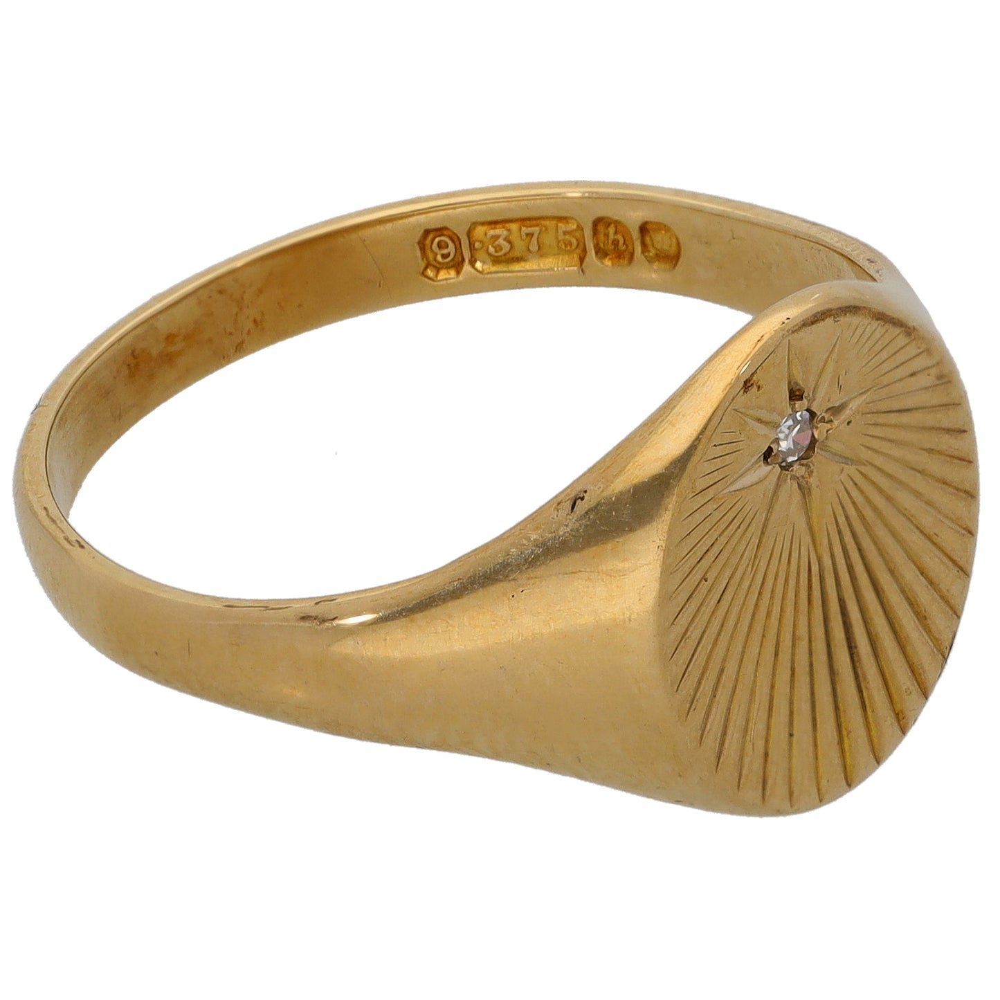 9ct Gold 0.02ct Diamond Patterned Single Stone Signet Ring Size V