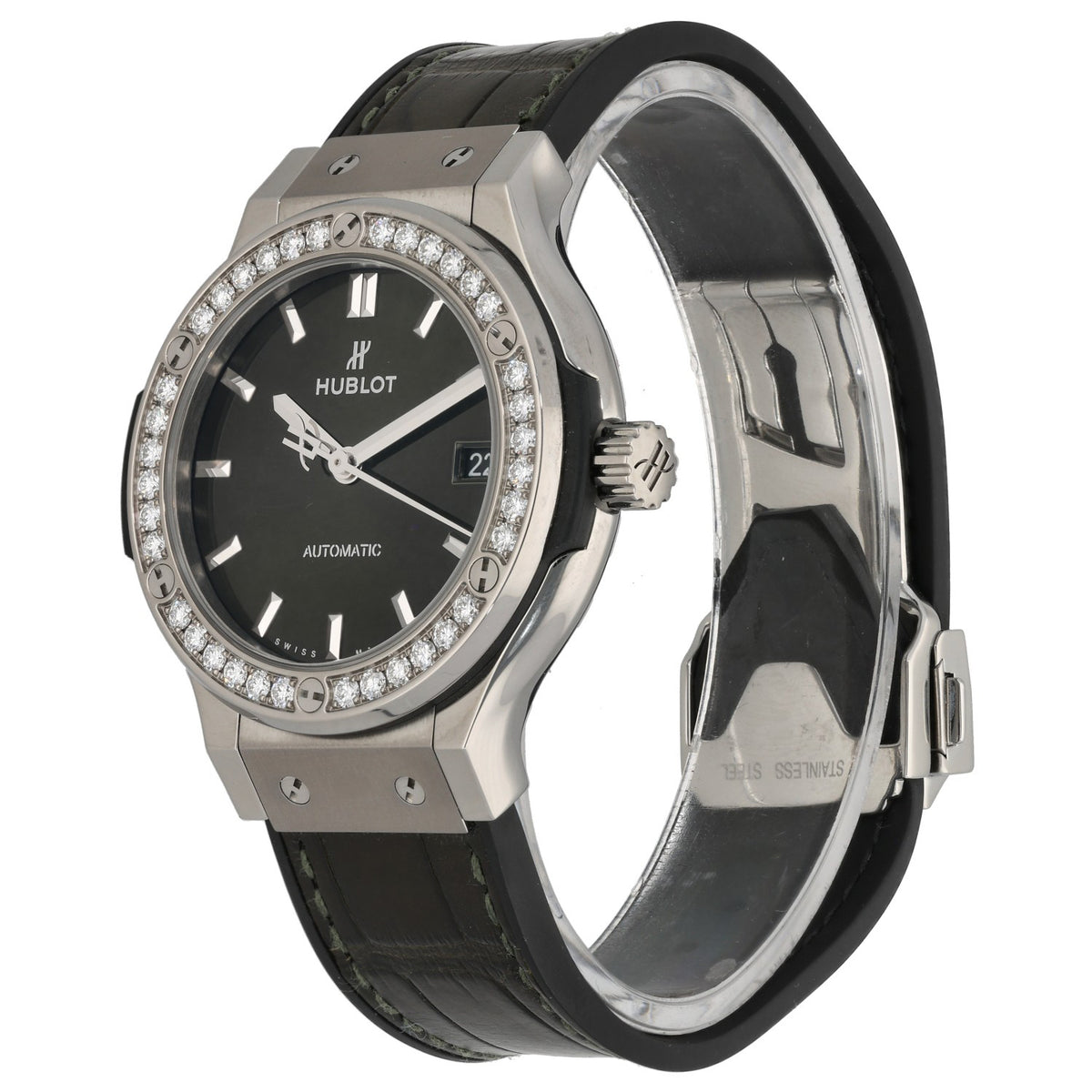 Hublot Classic Fusion 565.NX.8970.RX, green dial and leather bracelet, with round cut diamond bezel, front angled image