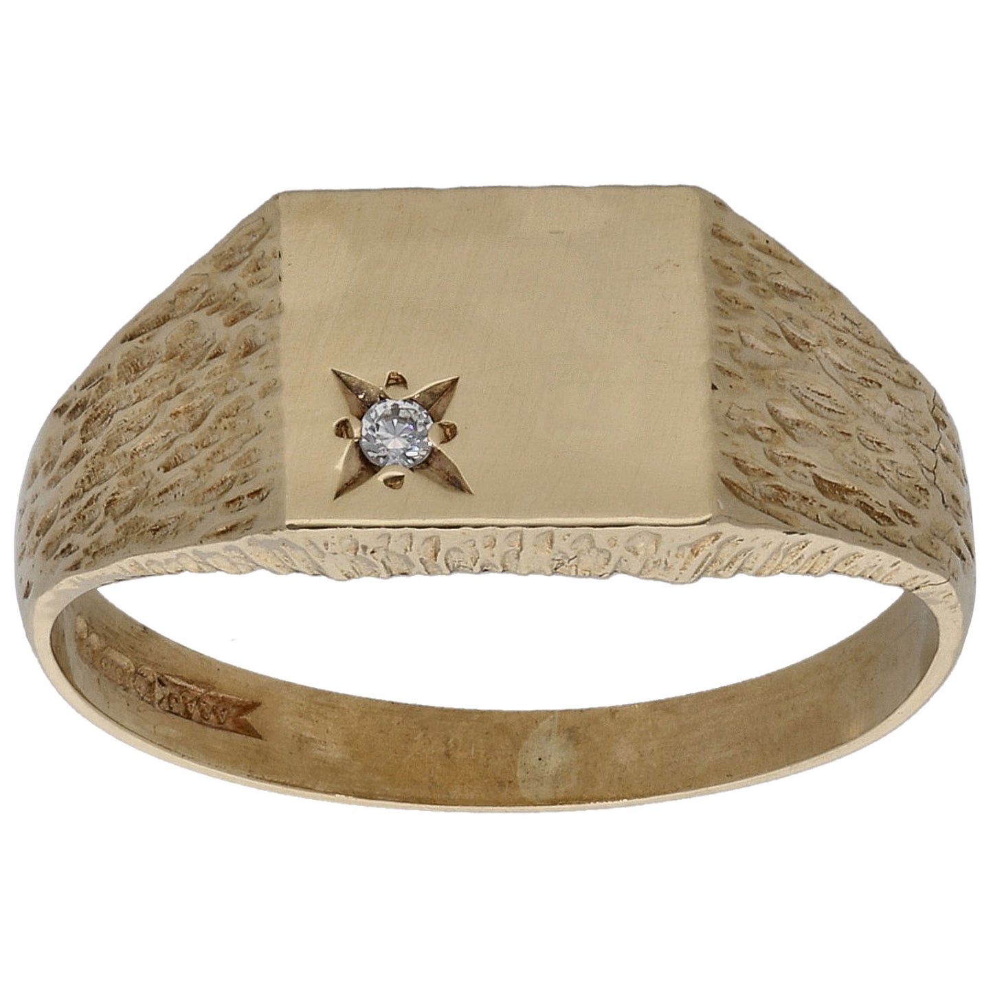 9ct Gold Cubic Zirconia Single Stone Patterned Signet Ring Size O