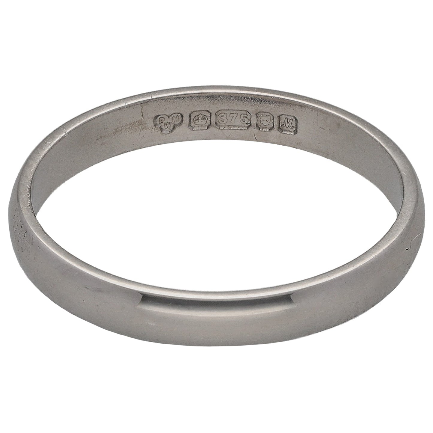 9ct white gold wedding ring with inside hallmark stamps, plain polished band