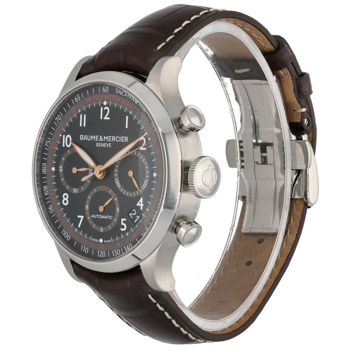Baume Et Mercier Capeland 65716, black dial in 44mm stainless steel case and adjustable leather bracelet, front angle