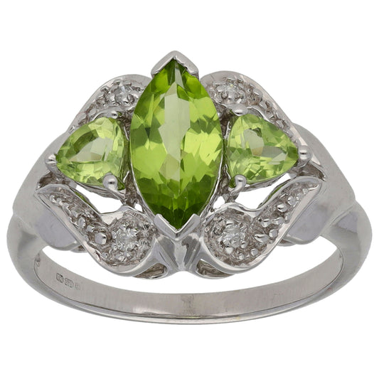 9ct White Gold Peridot & 0.02ct Diamond Dress/Cocktail Ring Size N