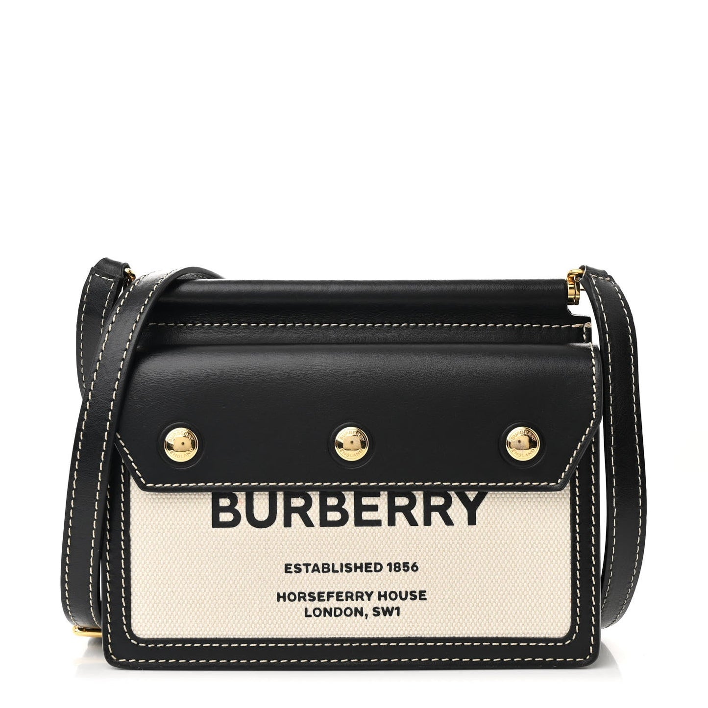 Burberry Mini Title Shoulder Horseferry Calfskin Leather & Canvas Bag - Black & Beige
