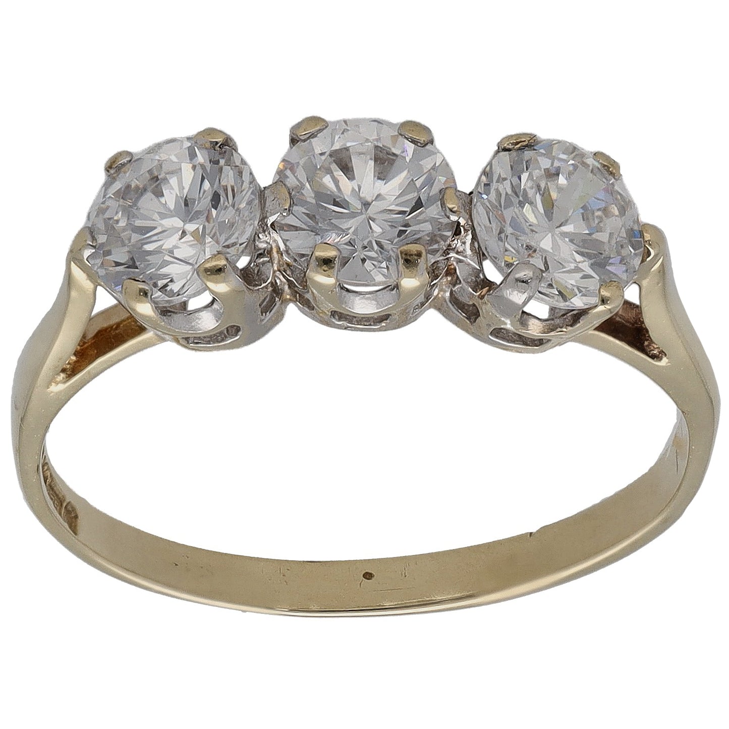 9ct gold three-stone CZ ring with three round stones