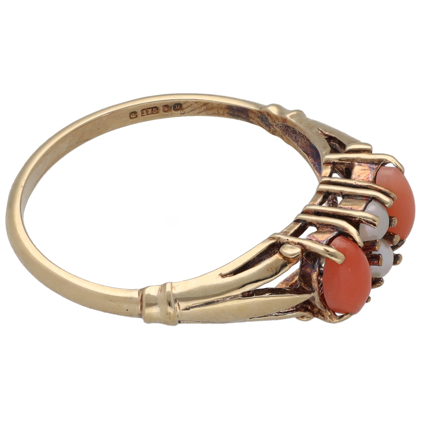 9ct Gold Cultured Pearl & Coral Dress/Cocktail Ring Size M