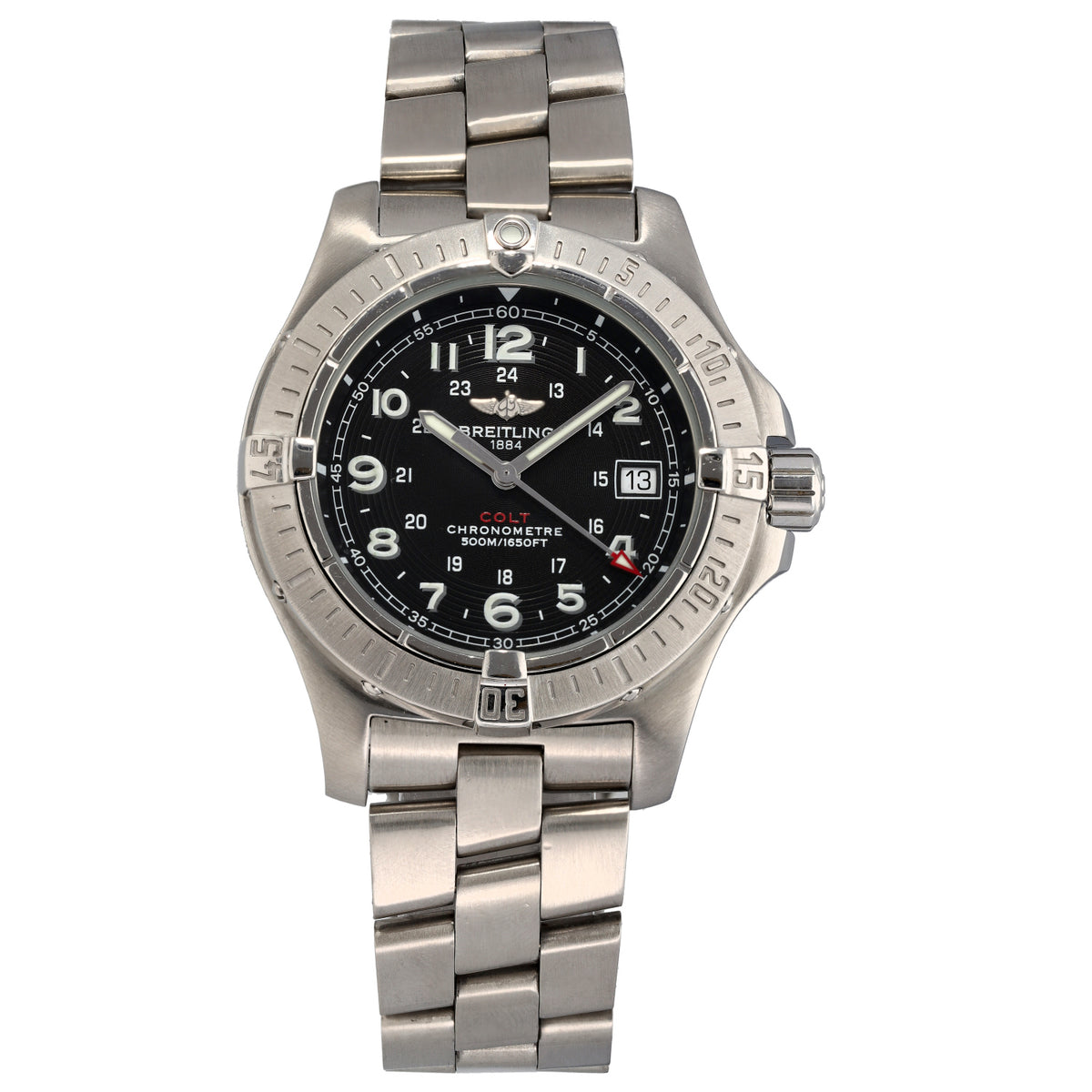 Breitling Colt A74380 Stainless steel wristwatch with black dial, date window, and metal link bracelet.