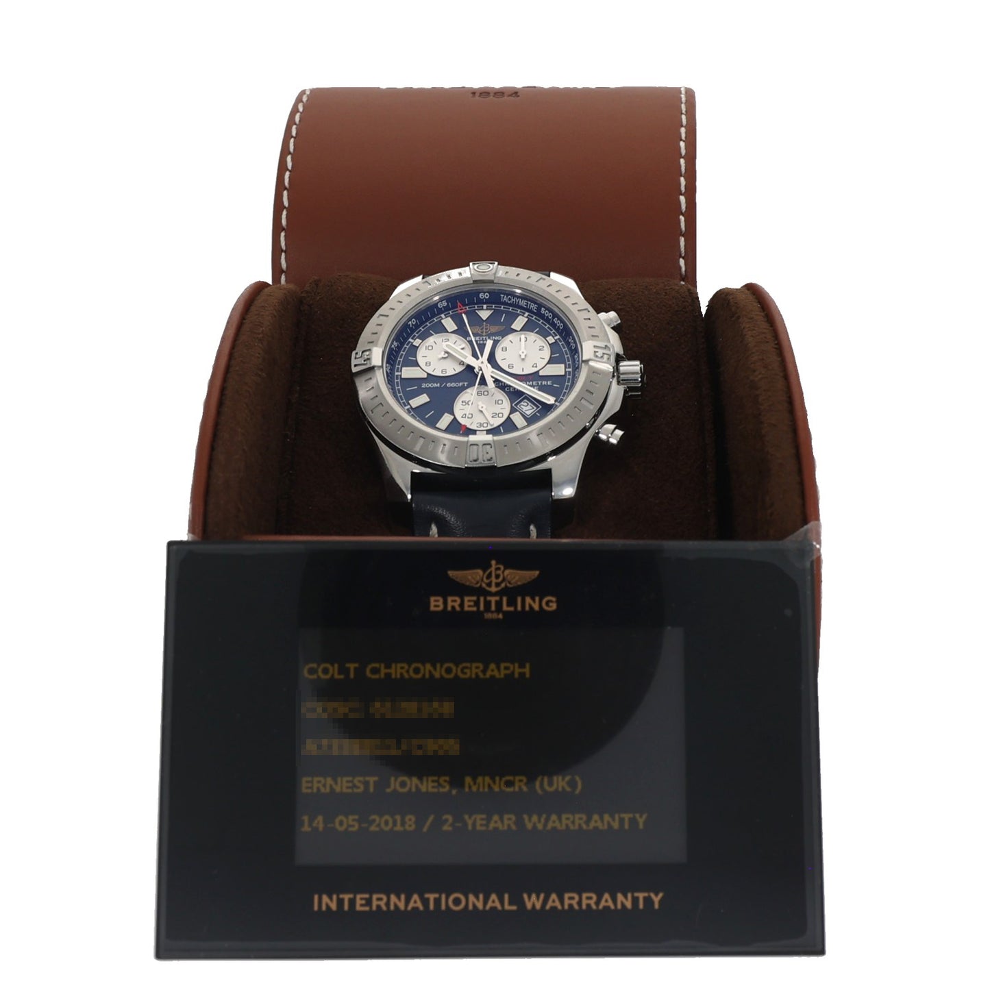 Breitling Colt Chronograph A73388, blue leather bracelet, blue dial with sub dials