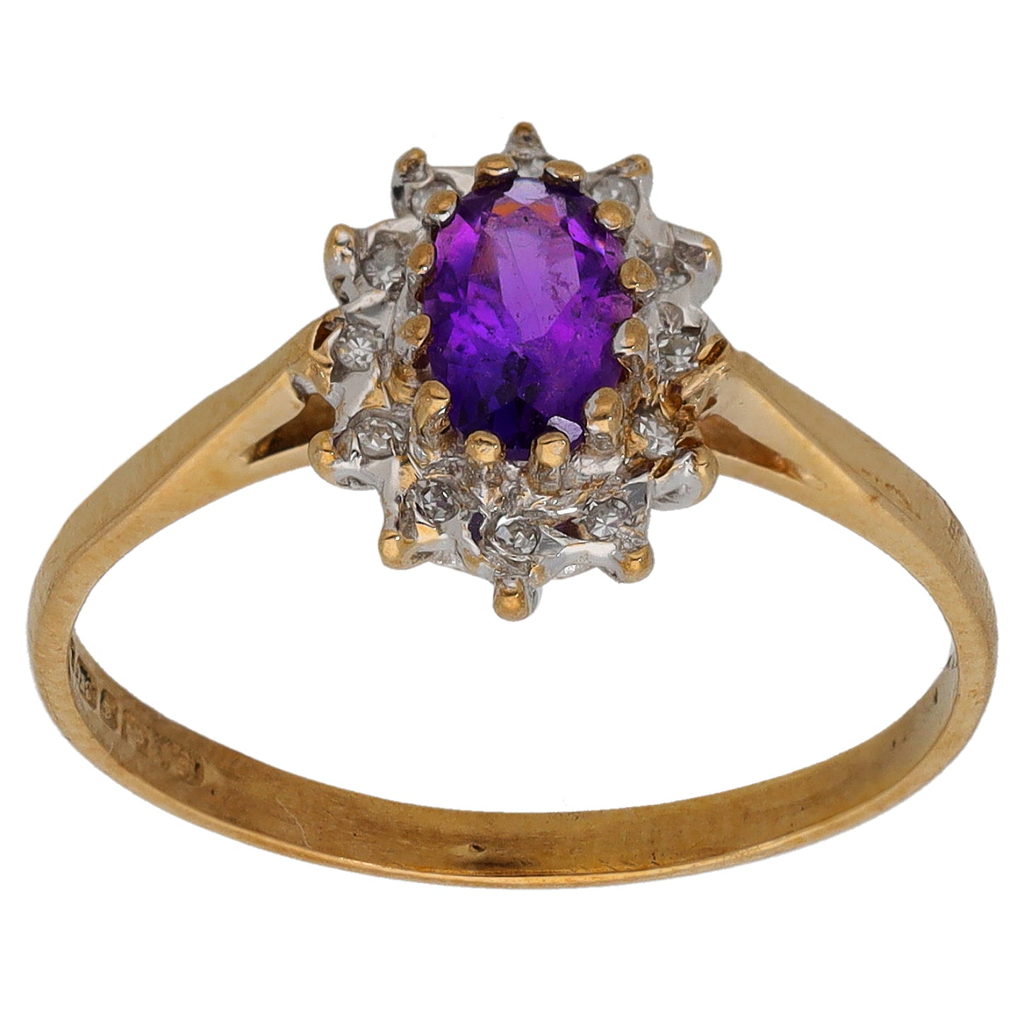 9ct Gold Amethyst & 0.06ct Diamond Cluster Ring Size O
