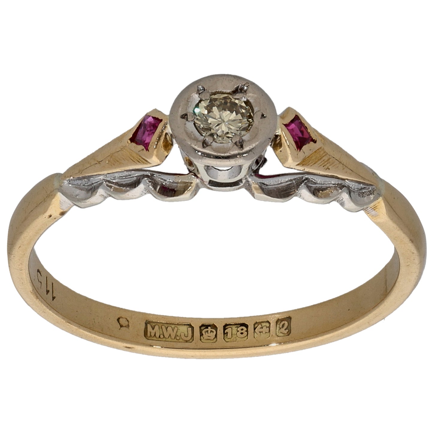 18ct Bi-Colour Gold Ruby & 0.07ct Diamond Solitaire Ring With Accent Stones Size N