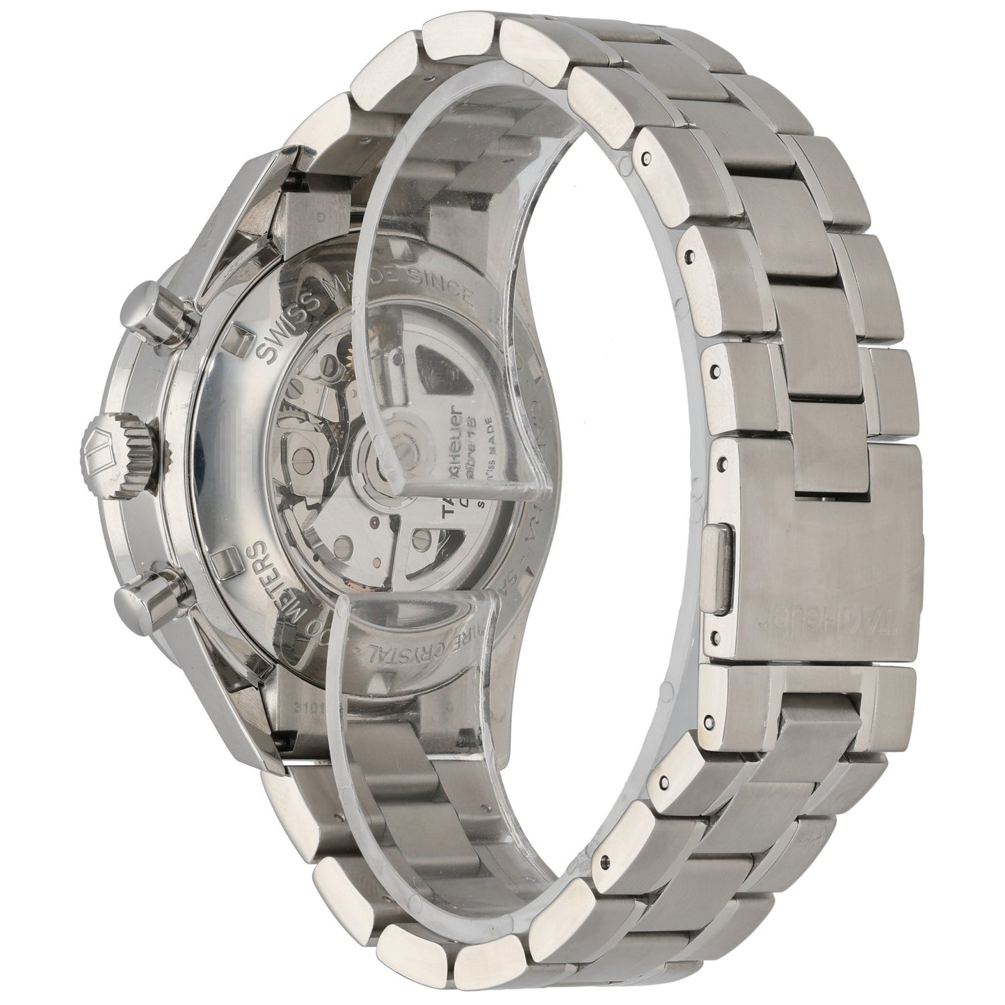 Tag Heuer Carrera CV2014-2 stainless steel watch caseback and bracelet, visible movement