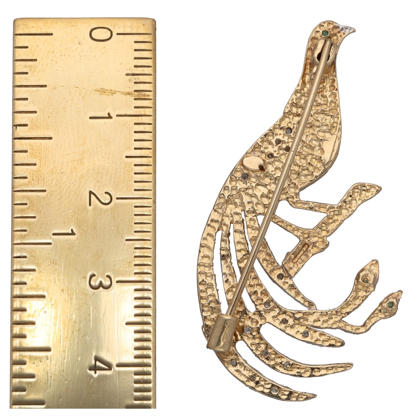 9ct Gold Emerald & 0.09ct Diamond Peacock Dress Brooch