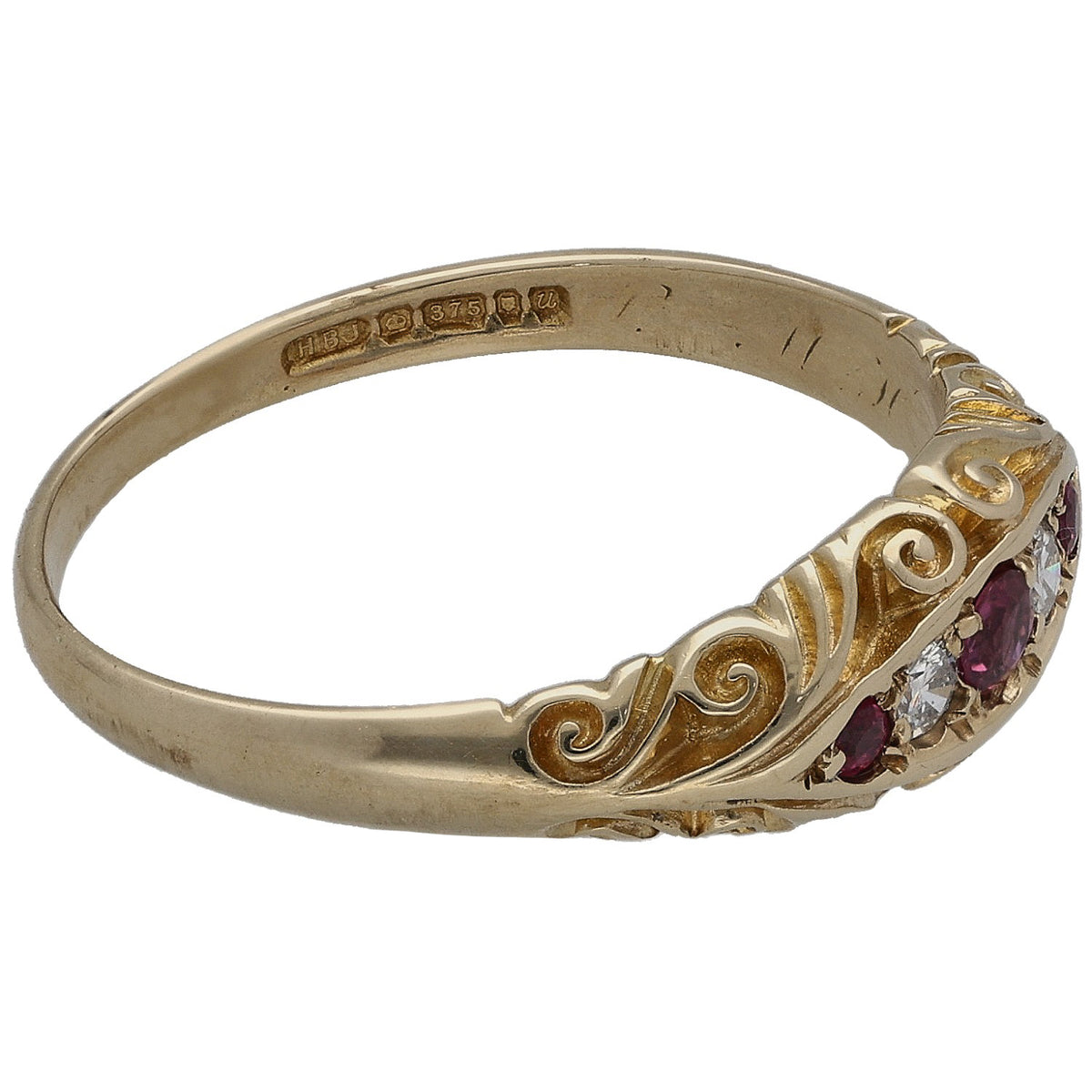 Yellow gold half eternity ring, scroll design with ruby and diamond set shoulders