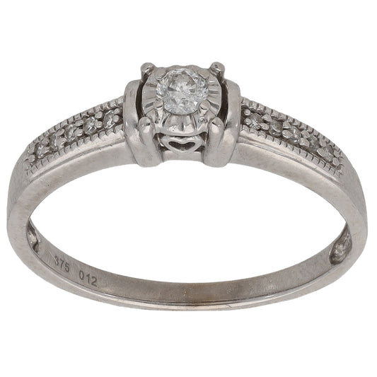 9ct White Gold 0.12ct Diamond Solitaire Ring With Accent Stones Size O